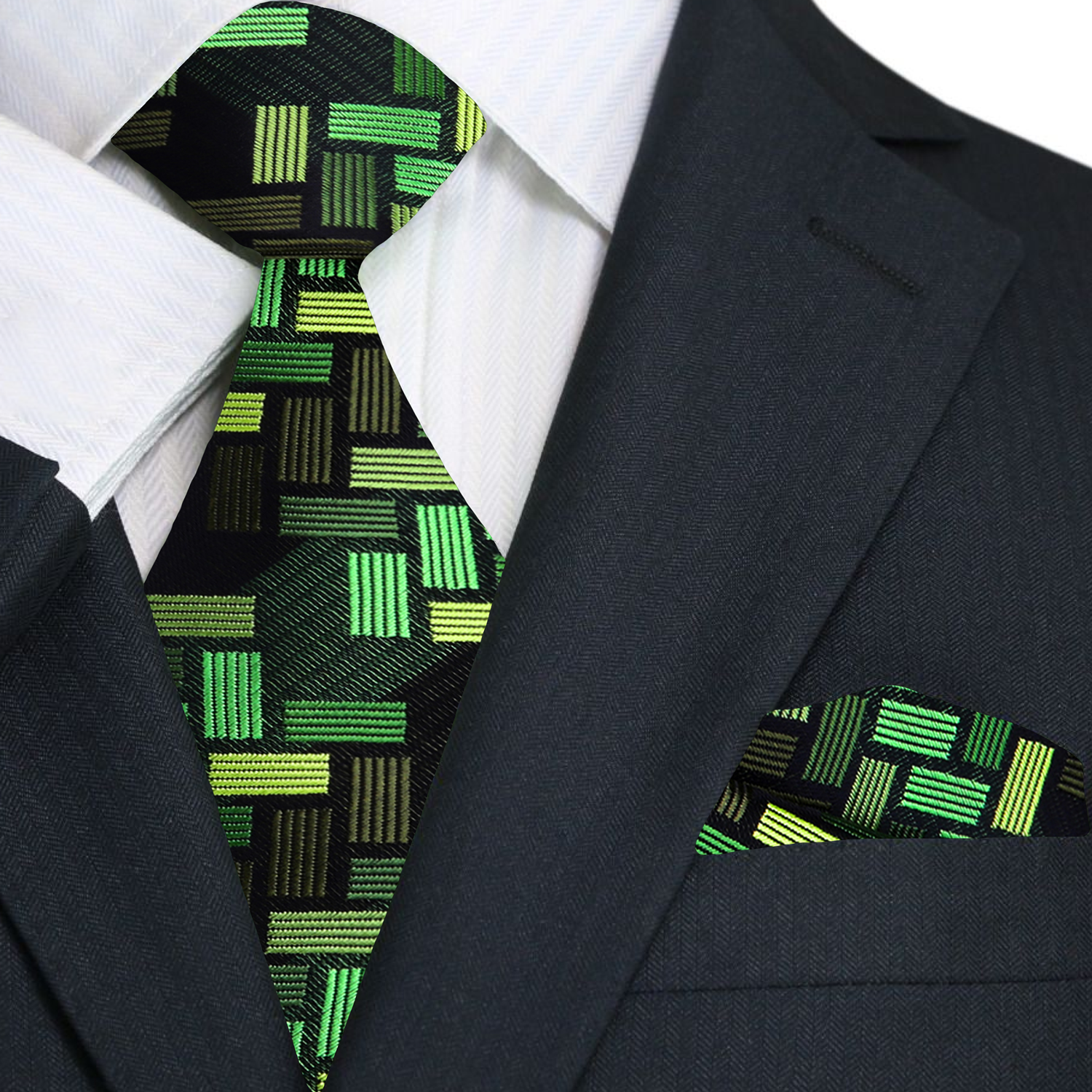 Premium Shades of Green Blocks Tie and Pocket Square