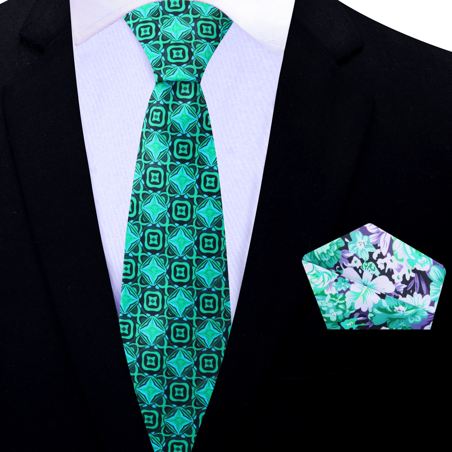 Thin Tie: Green Geometric Tie and Green, White, Purple Floral Square