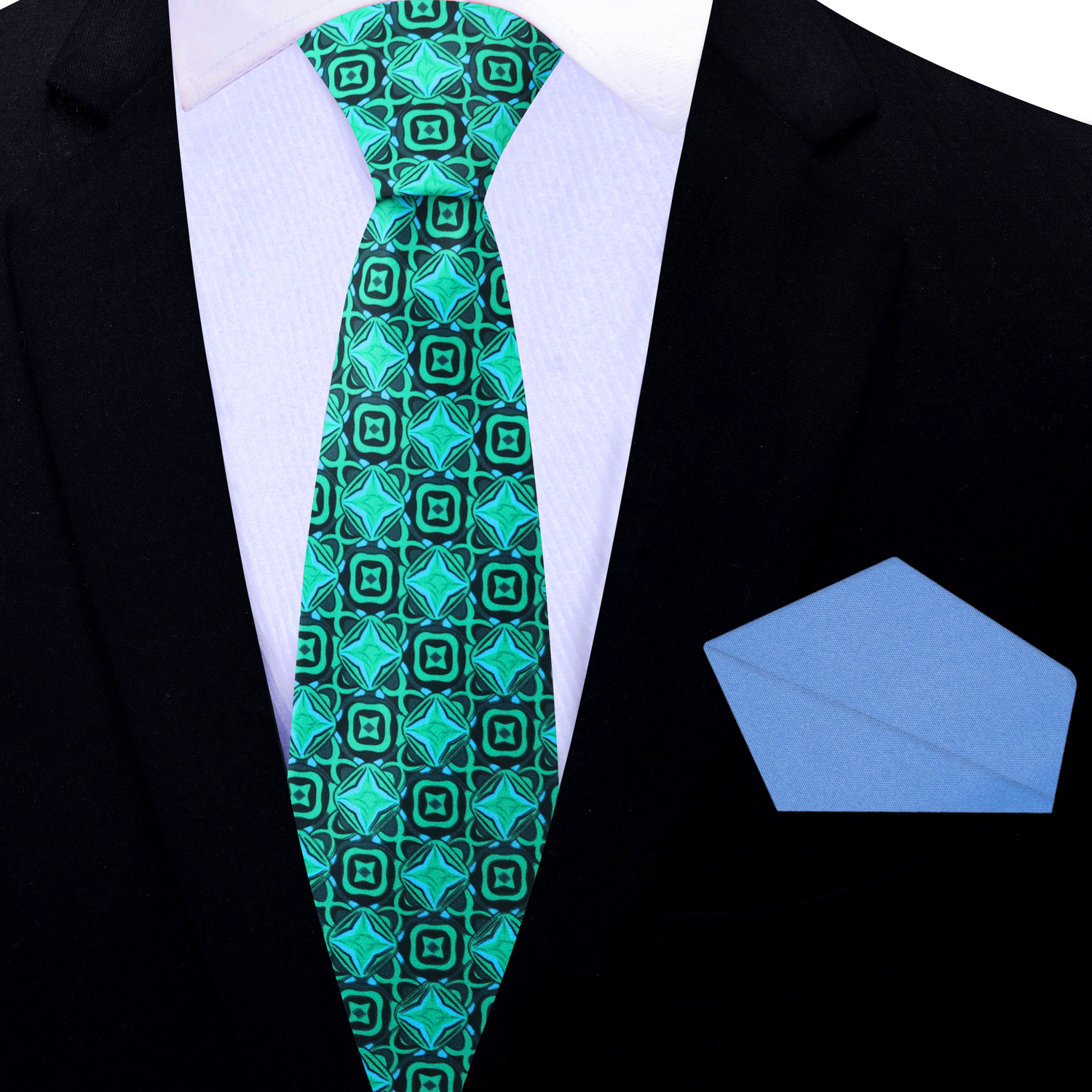 Thin Tie: Green Geometric Tie and Light Blue Square