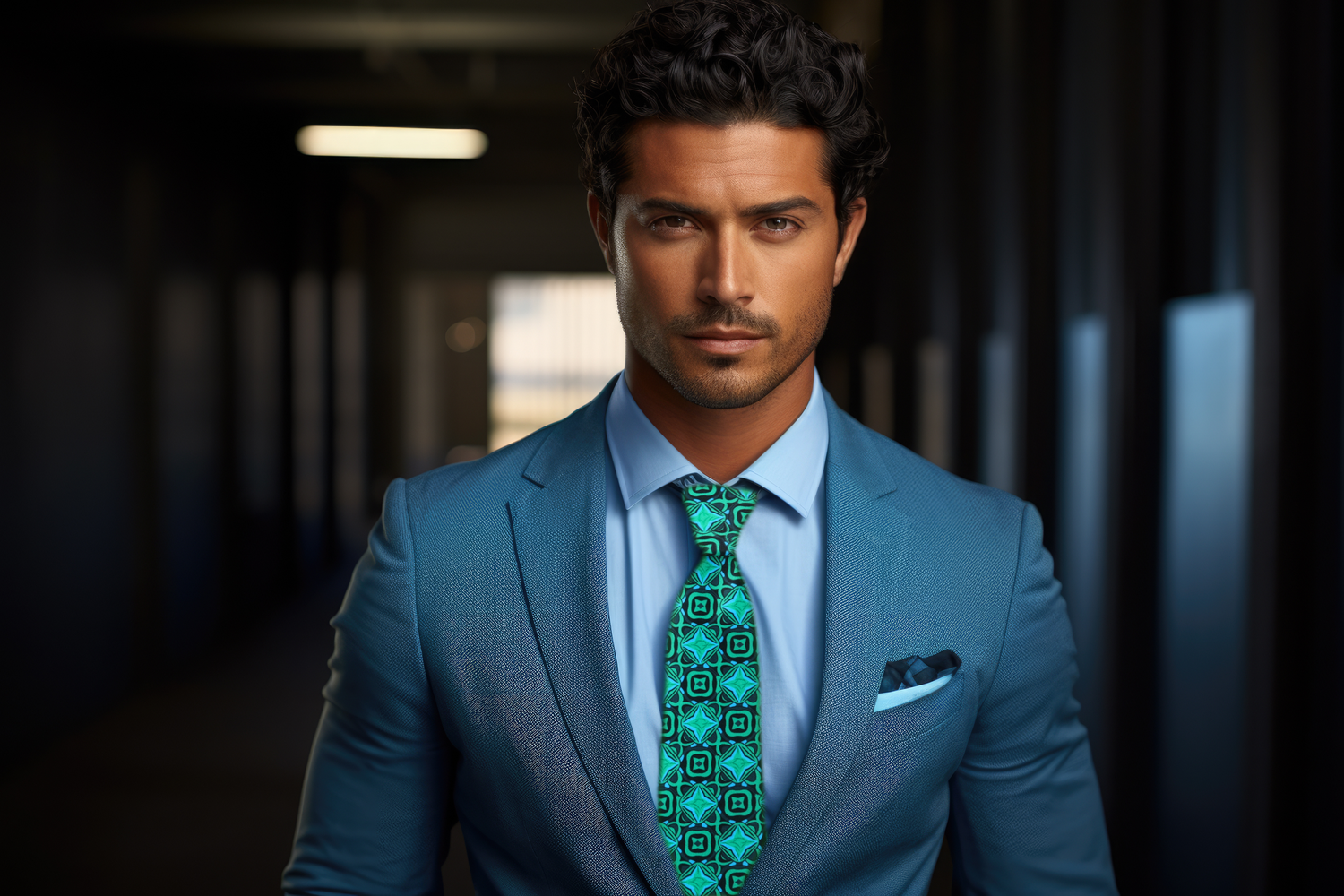 Green Geometric Tie On Man Wearing Suit