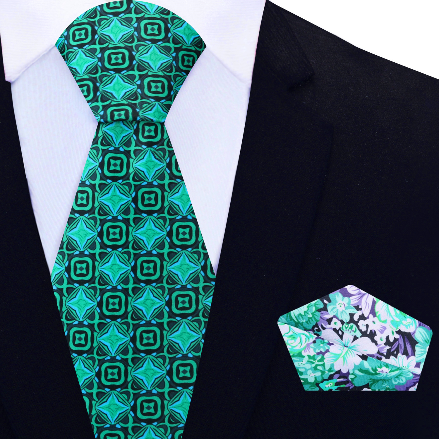 View 2; Green Geometric Tie and Green, White, Purple Floral Square