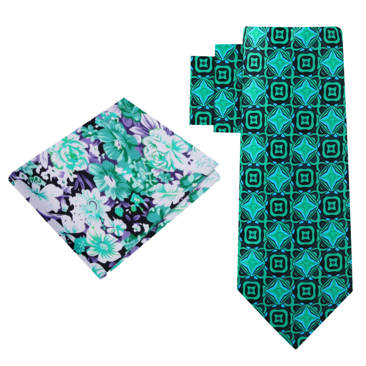 Alt View: Green Geometric Tie and Green, White, Purple Floral Square