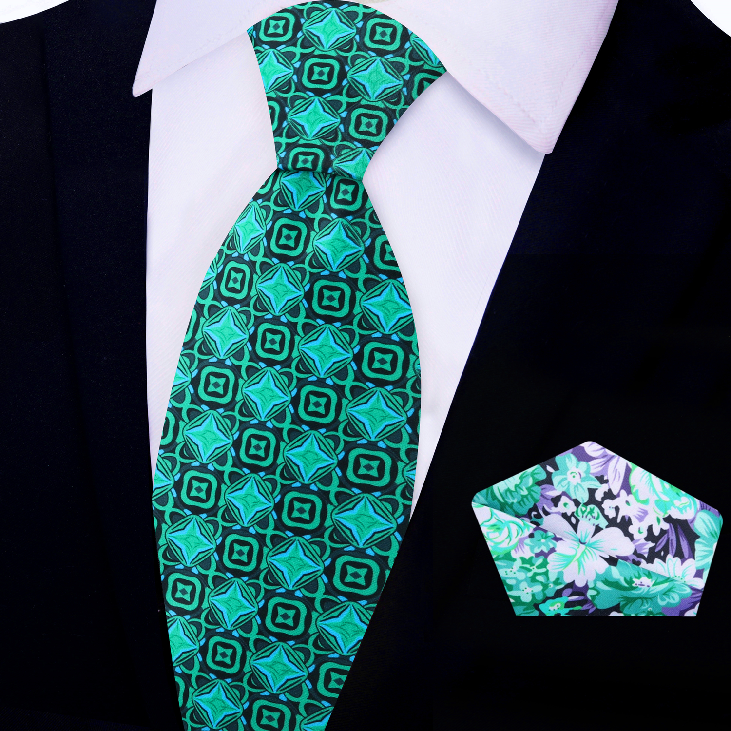 Green Geometric Tie and Green, White, Purple Floral Square