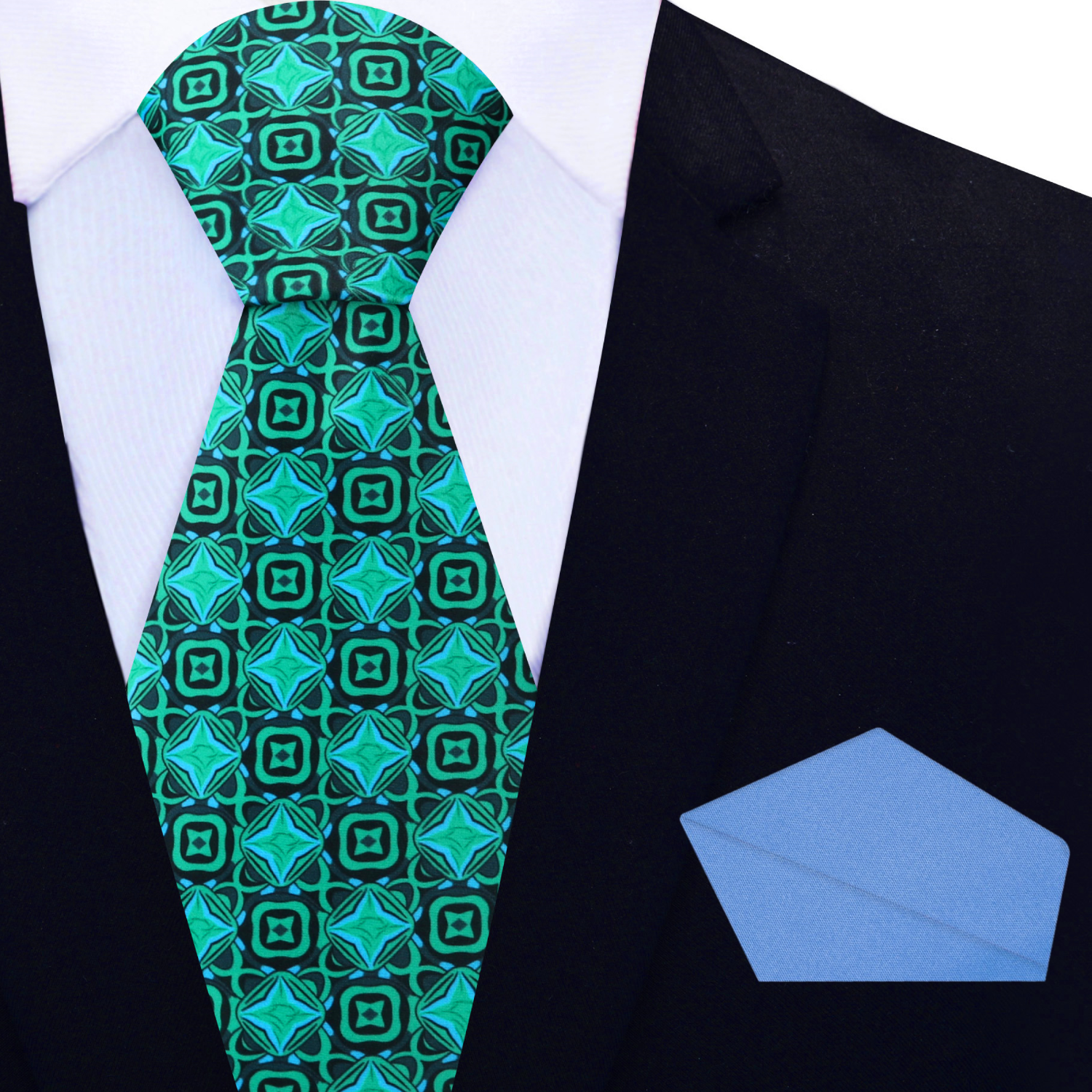 View 2: Green Geometric Tie and Light Blue Square