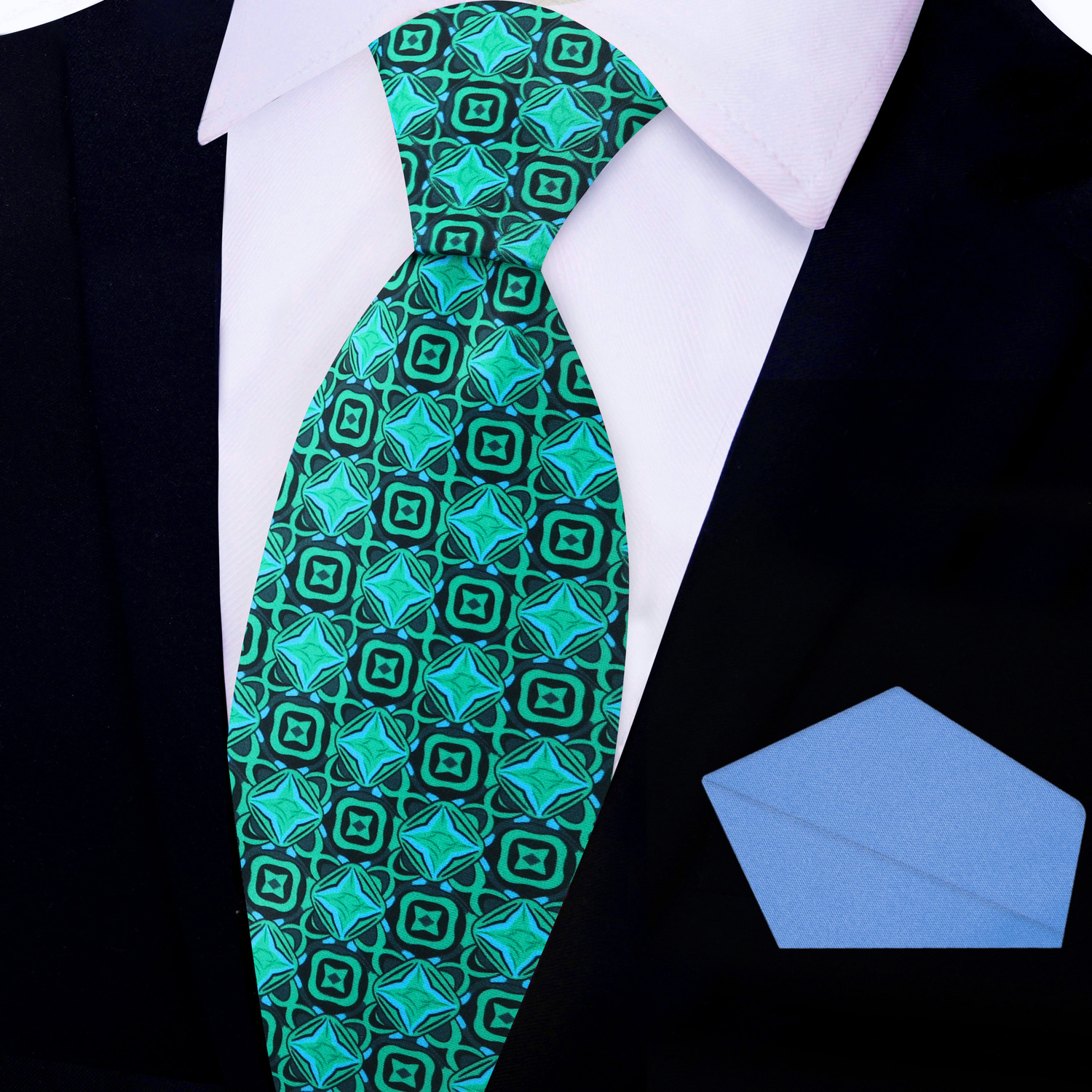 Green Geometric Tie and Light Blue Square
