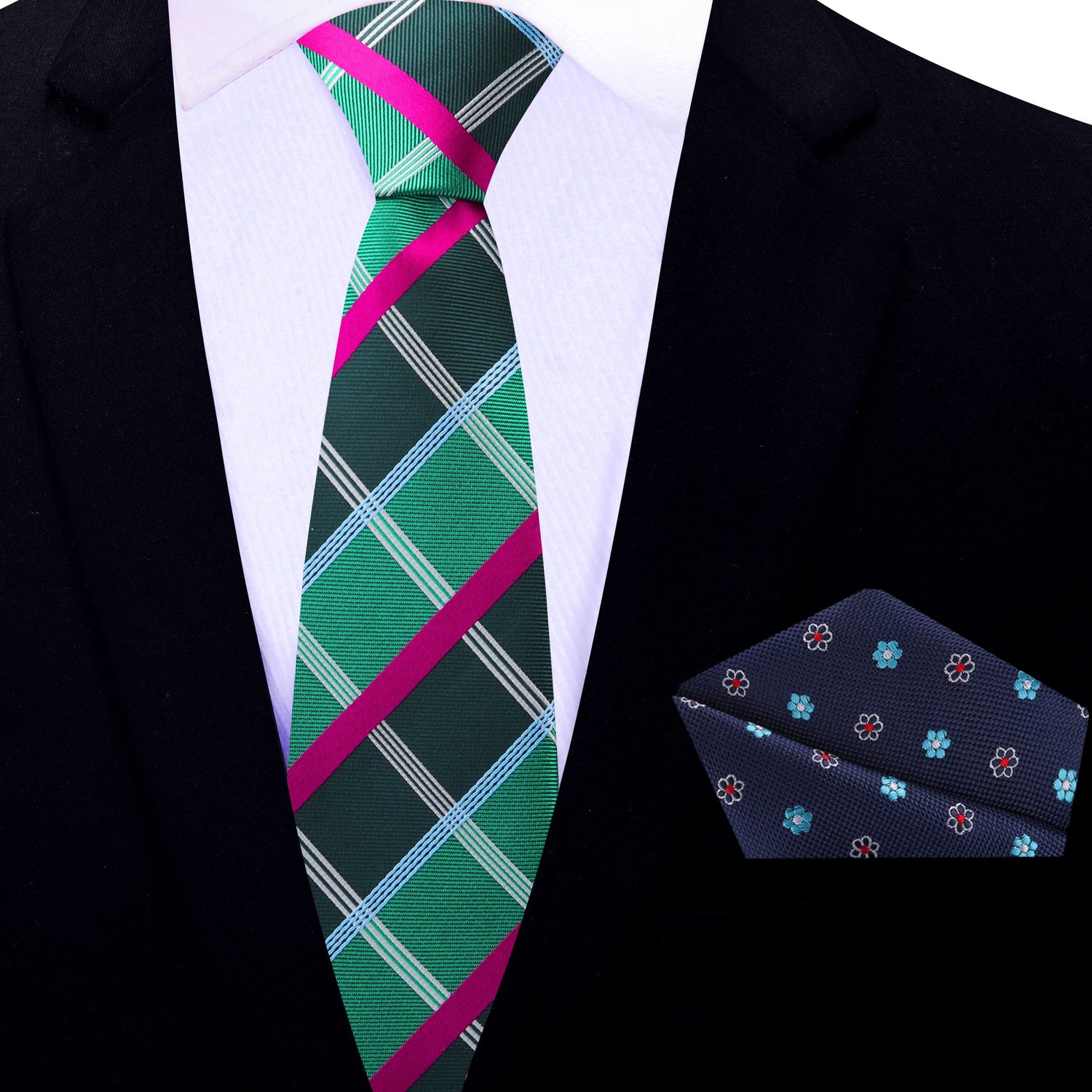 Thin Tie Green, Magenta Plaid Necktie and Blue Floral Square