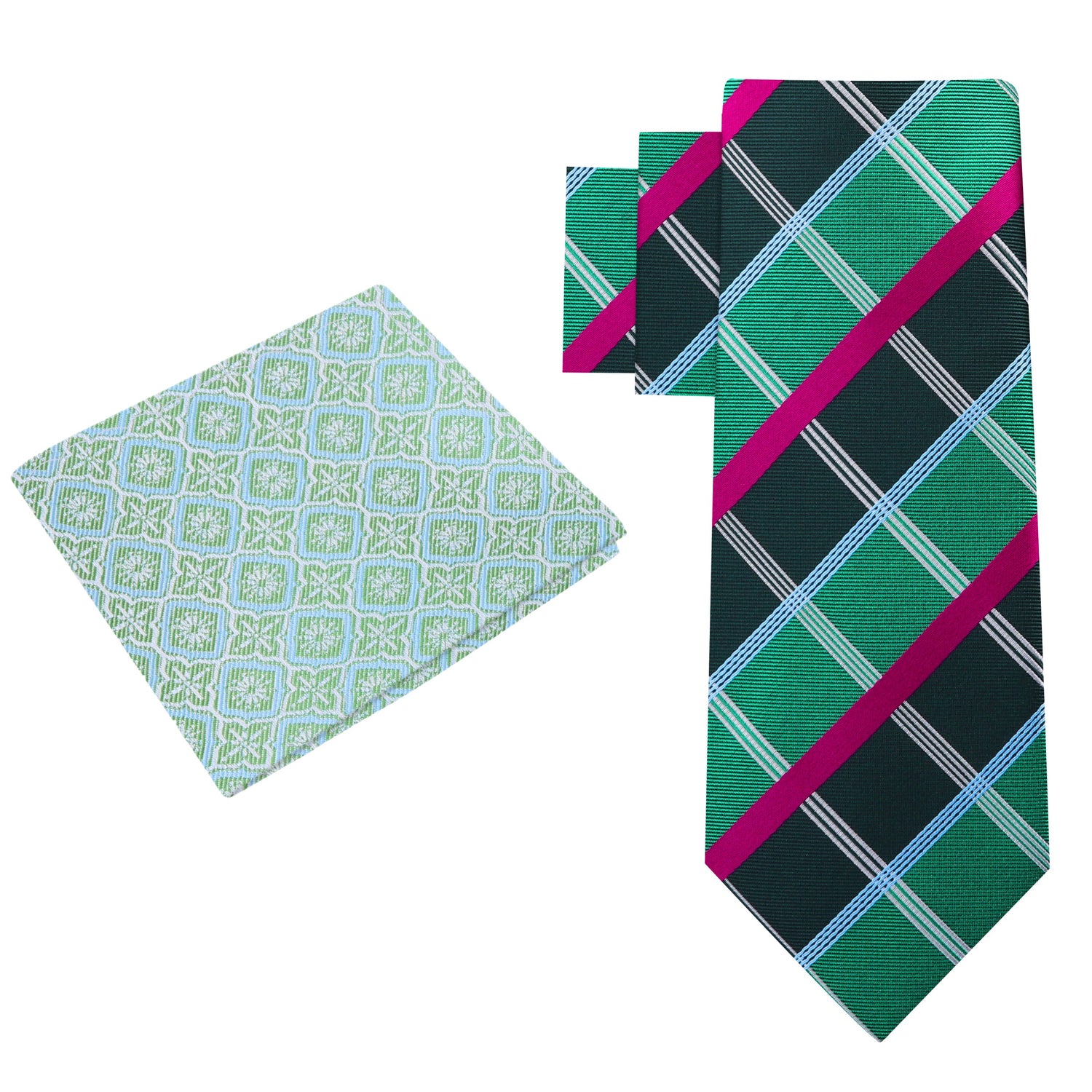 Alt View: Green, Magenta Plaid Necktie and Green, Blue Geometric Square