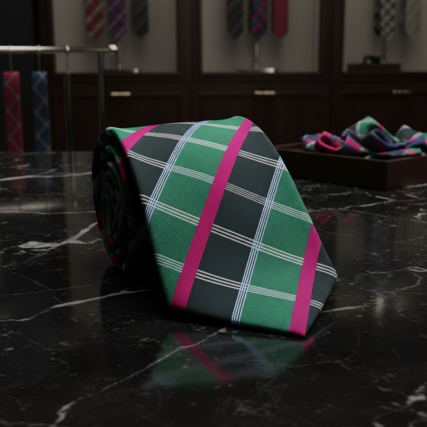 Dark Green Plaid Necktie | Light Blue & Magenta Accents