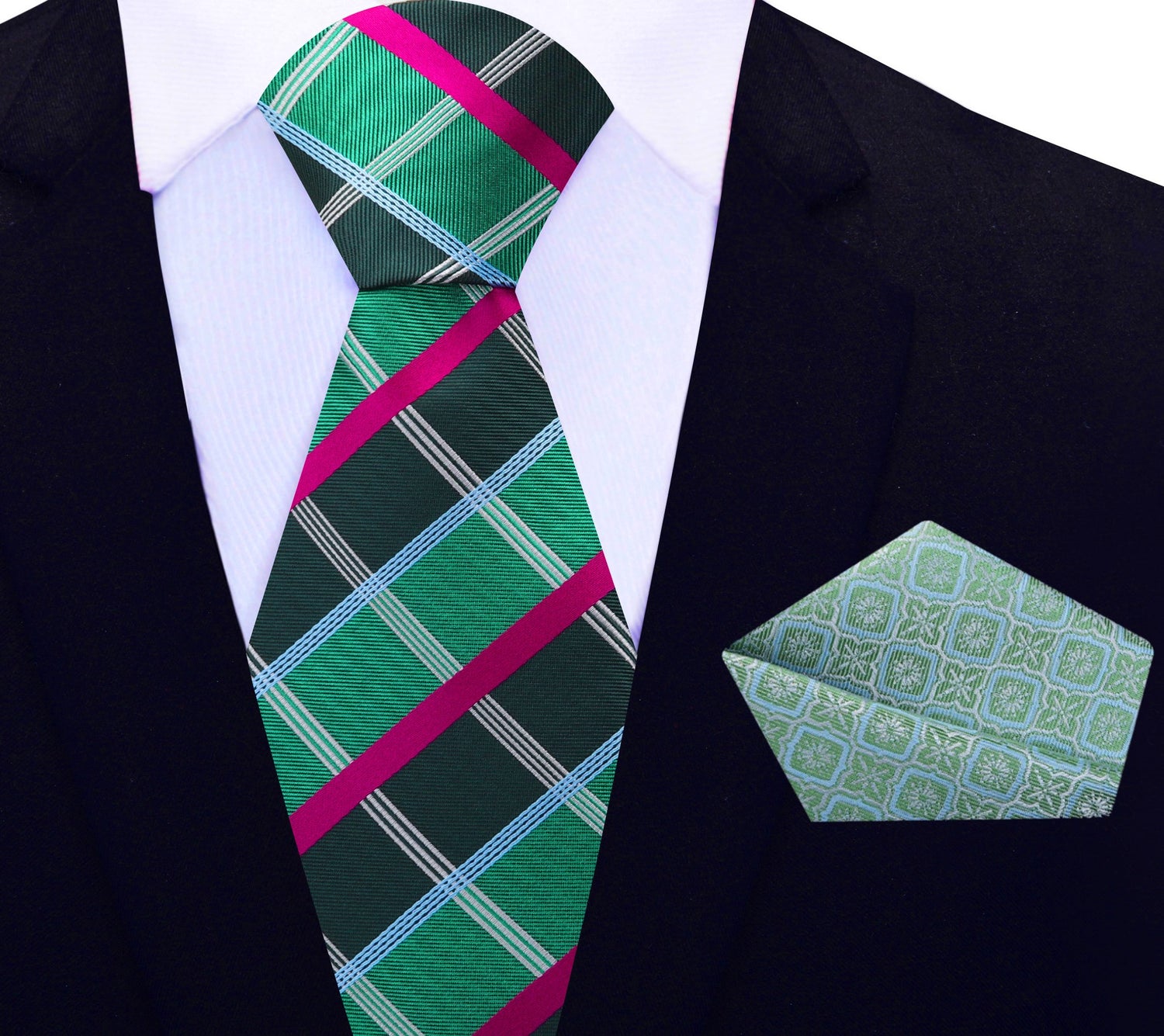 Green, Magenta Plaid Necktie and Green, Blue Geometric Square