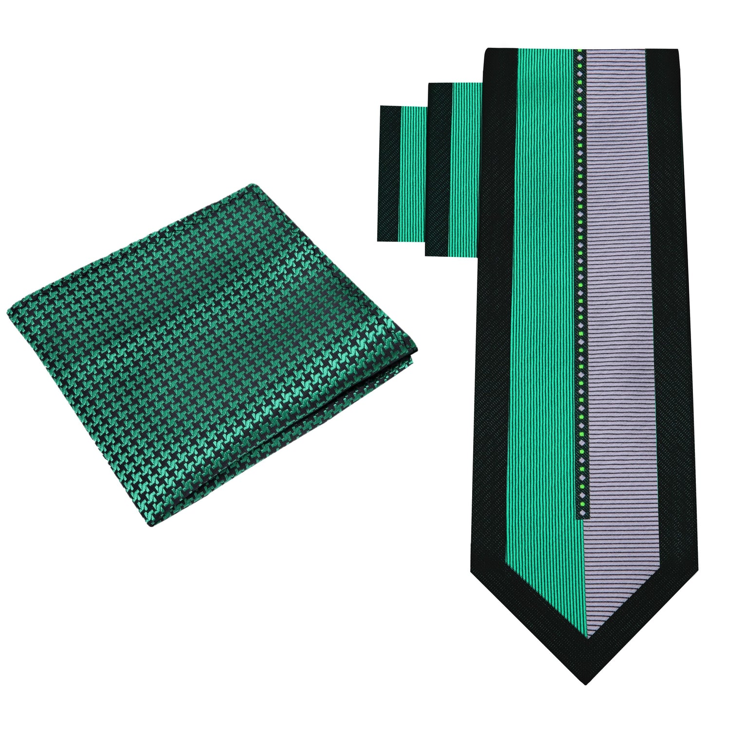 Alt View: Black, Green, Grey Abstract Tie with Green, Black Hounds Tooth Pocket Square