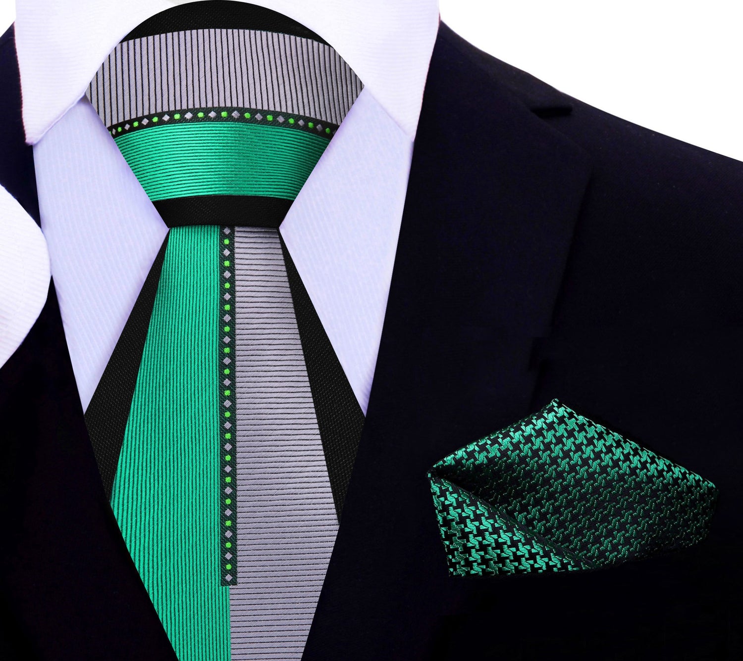 Black, Green, Grey Abstract Tie with Green, Black Hounds Tooth Pocket Square