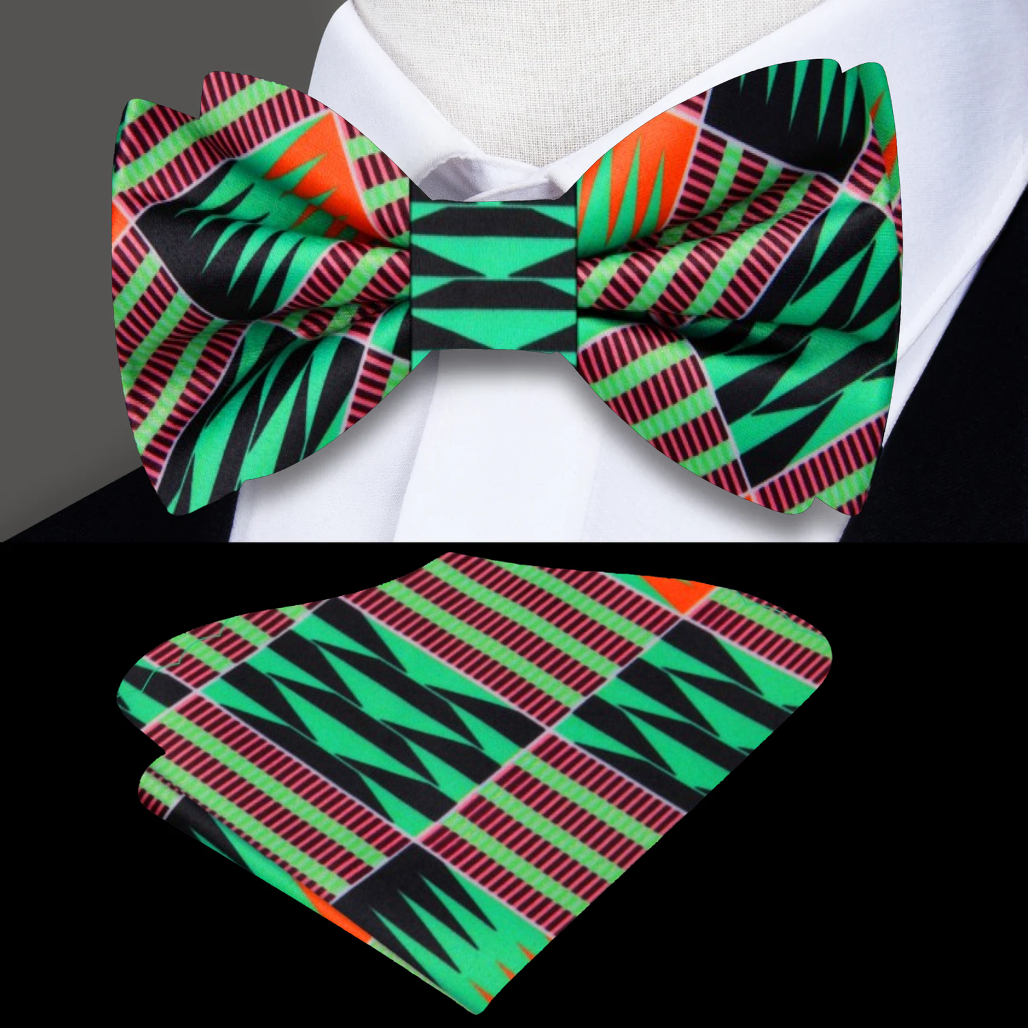 Green, Orange, Red Geometric Bow Tie and Pocket Square ||Green, Orange