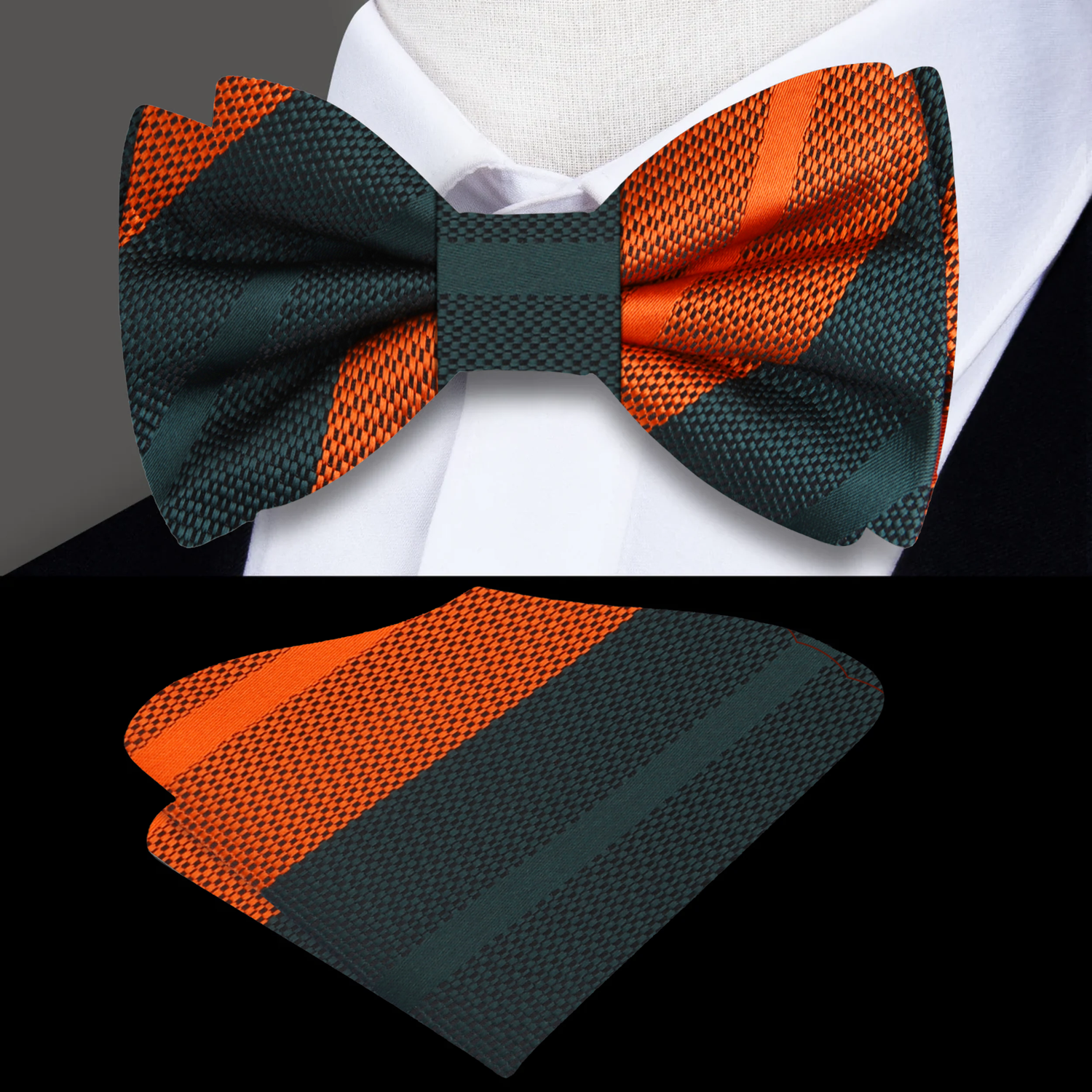 Green Orange Stripe Bow Tie and Square