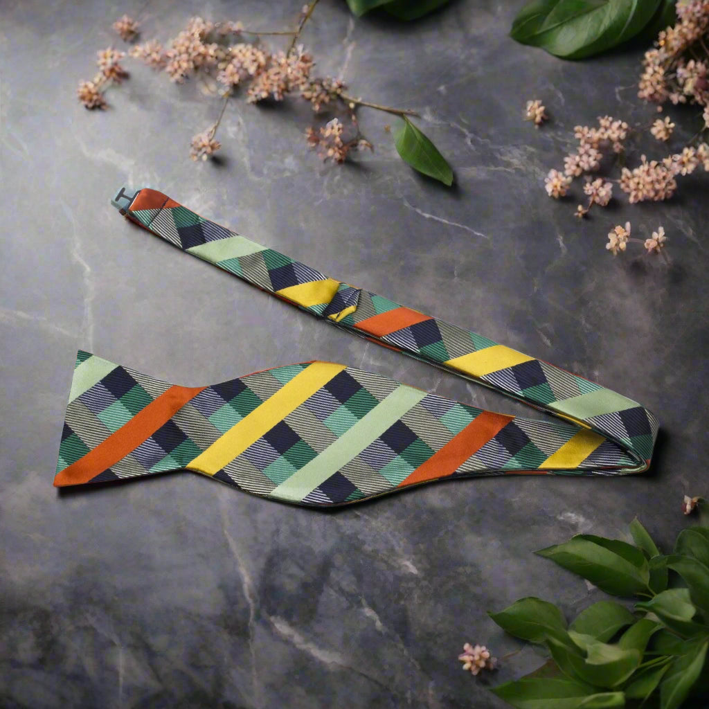 Green and Orange Plaid Self Tie Bow Tie