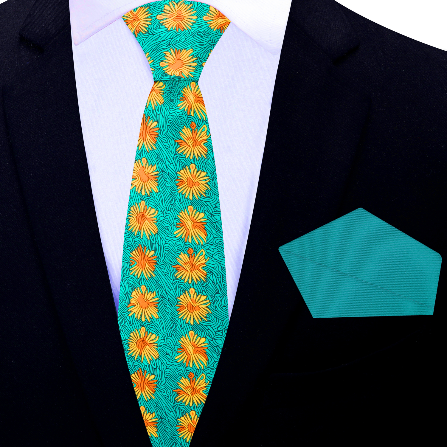 Thin Green, Orange Abstract Necktie and Square
