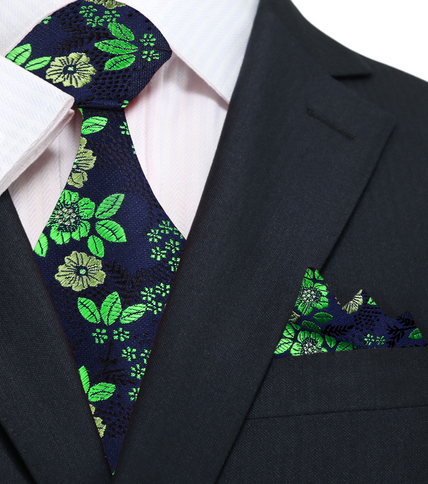 Blue and Green Floral Tie and Pocket Square||Blue, Green