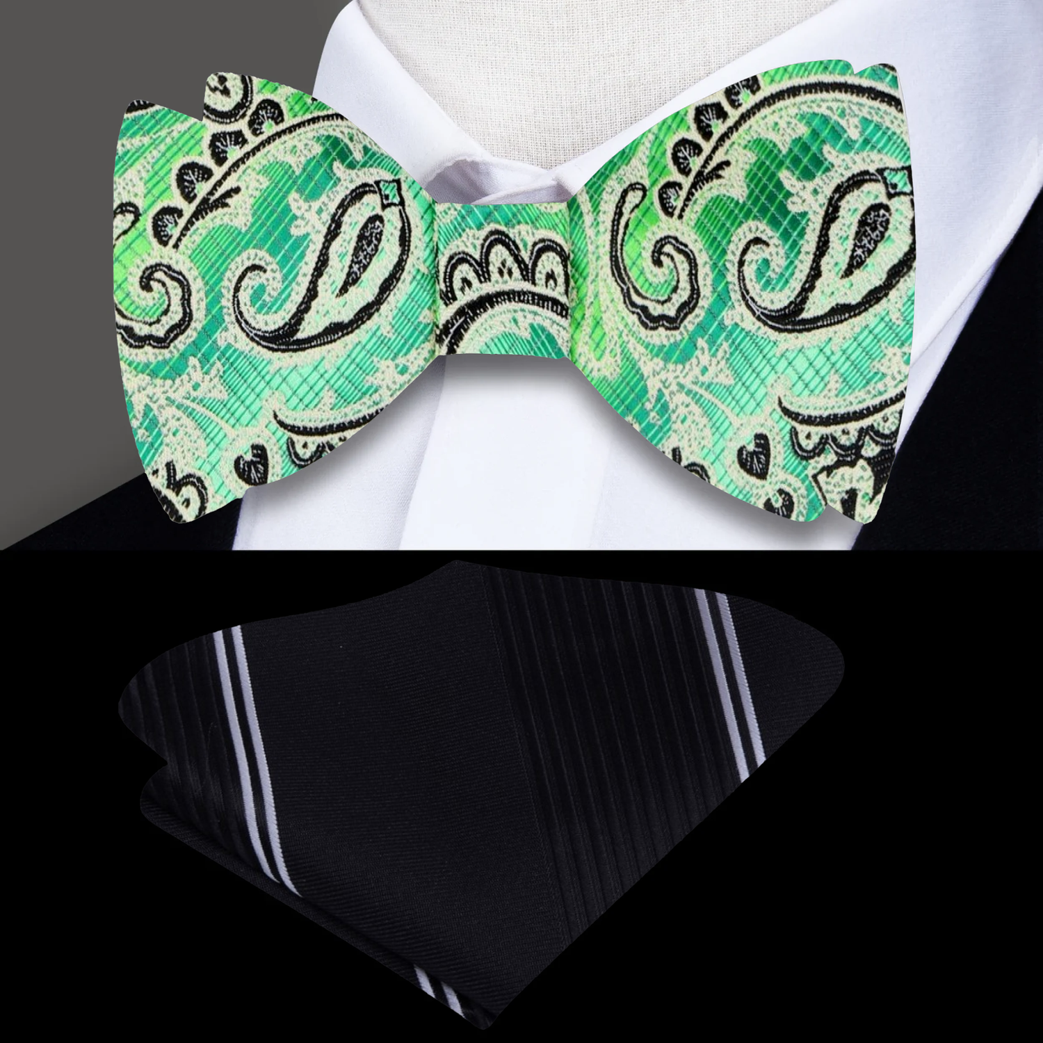 Green, Black Paisley Self Tie Bow Tie and Black Square