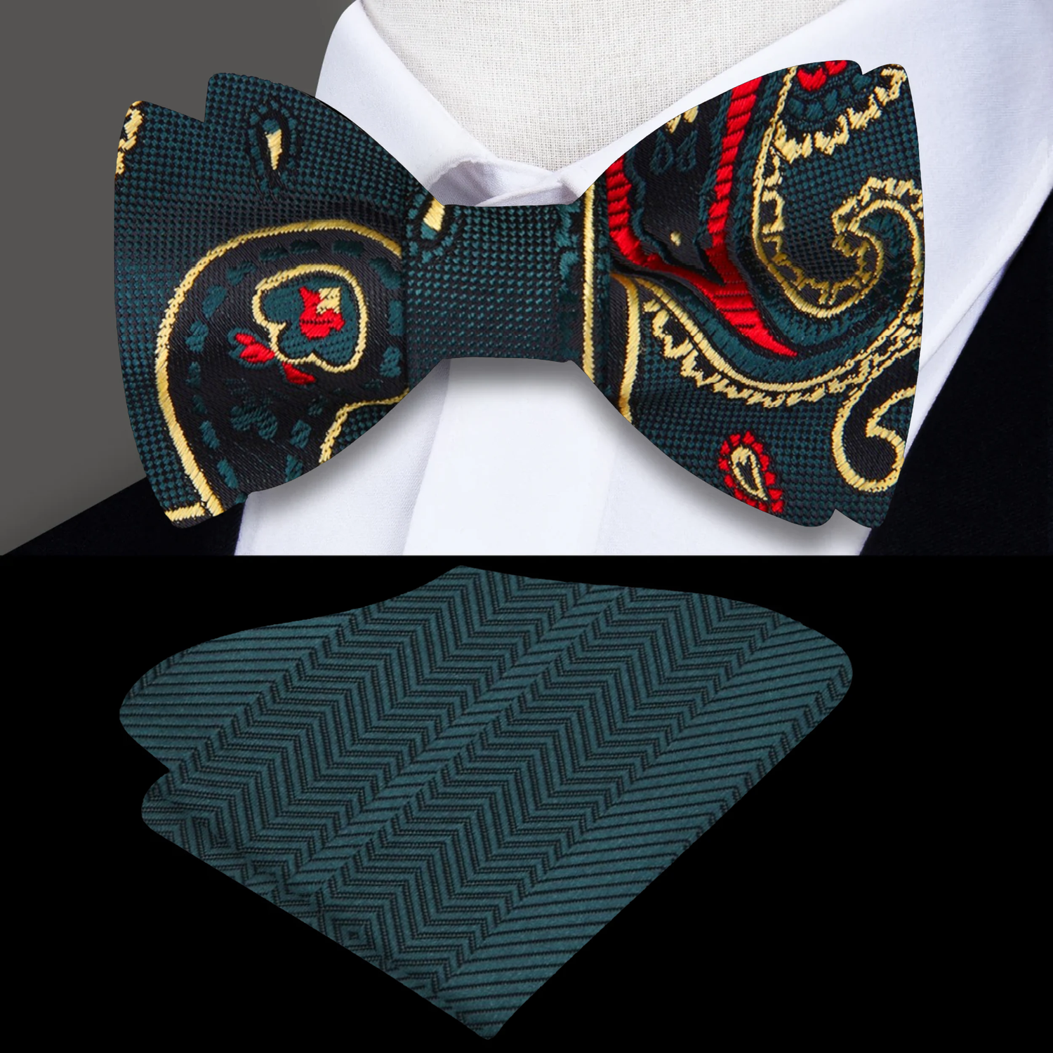 Green, Red, Gold Paisley Bow Tie and Solid Green Square
