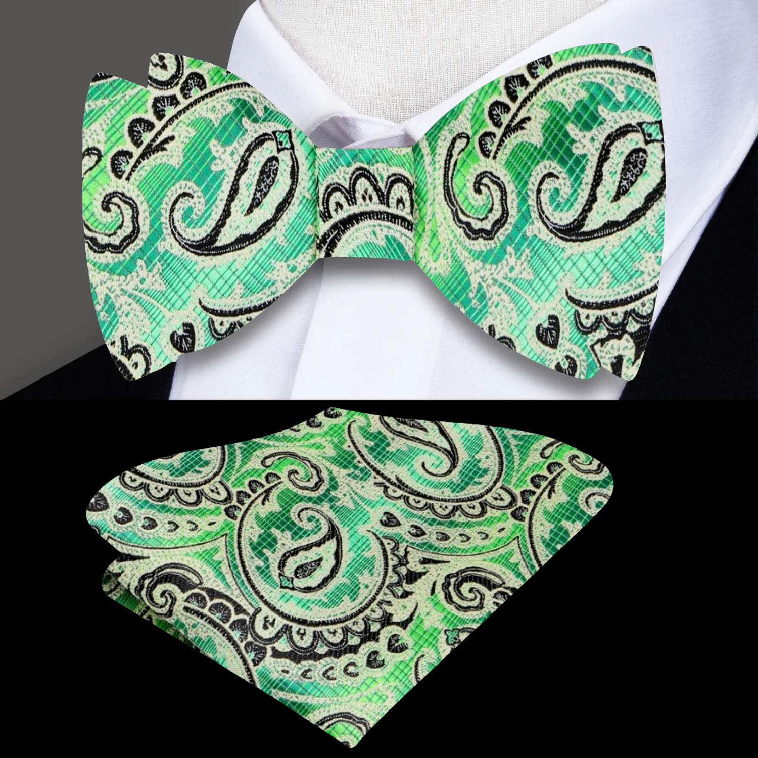 Green, Black Paisley Self Tie Bow Tie and Square