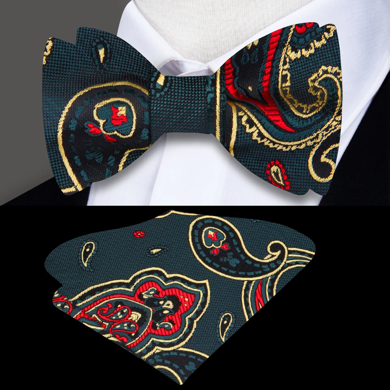 Green, Red, Gold Paisley Bow Tie and Matching Square
