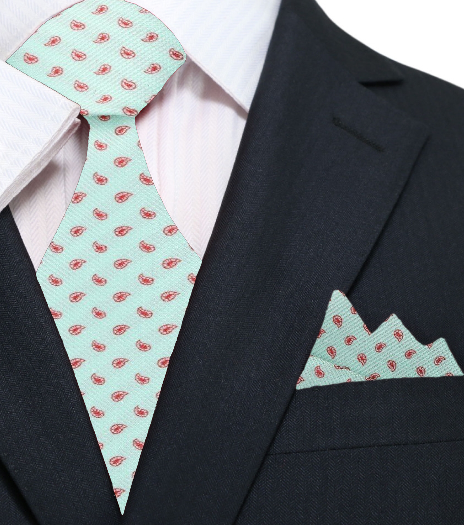 Main: Mint Green, Red Paisley Silk Tie and Pocket Square
