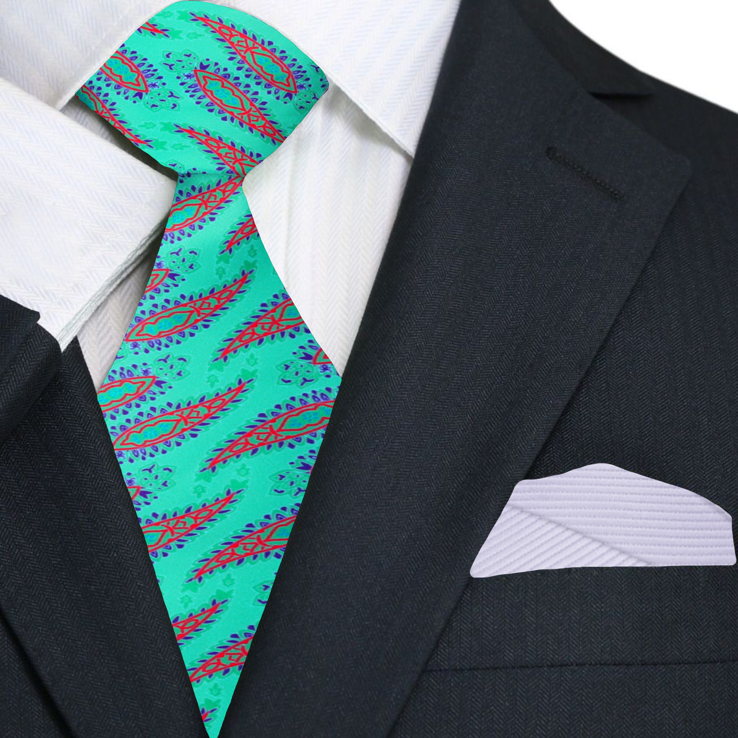 Teal tie with red and purple patterns worn with a black suit and white shirt.