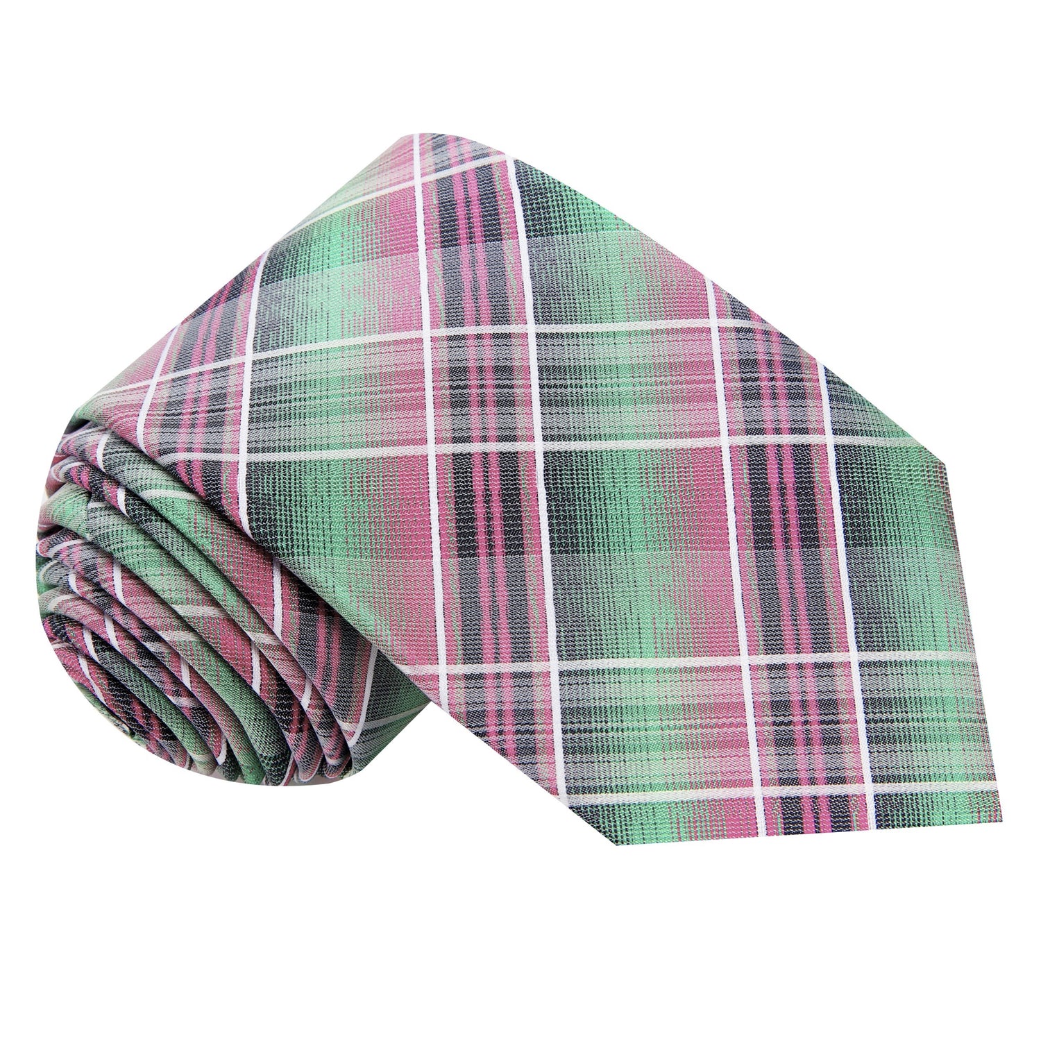  Green, Pink and White Plaid Necktie 