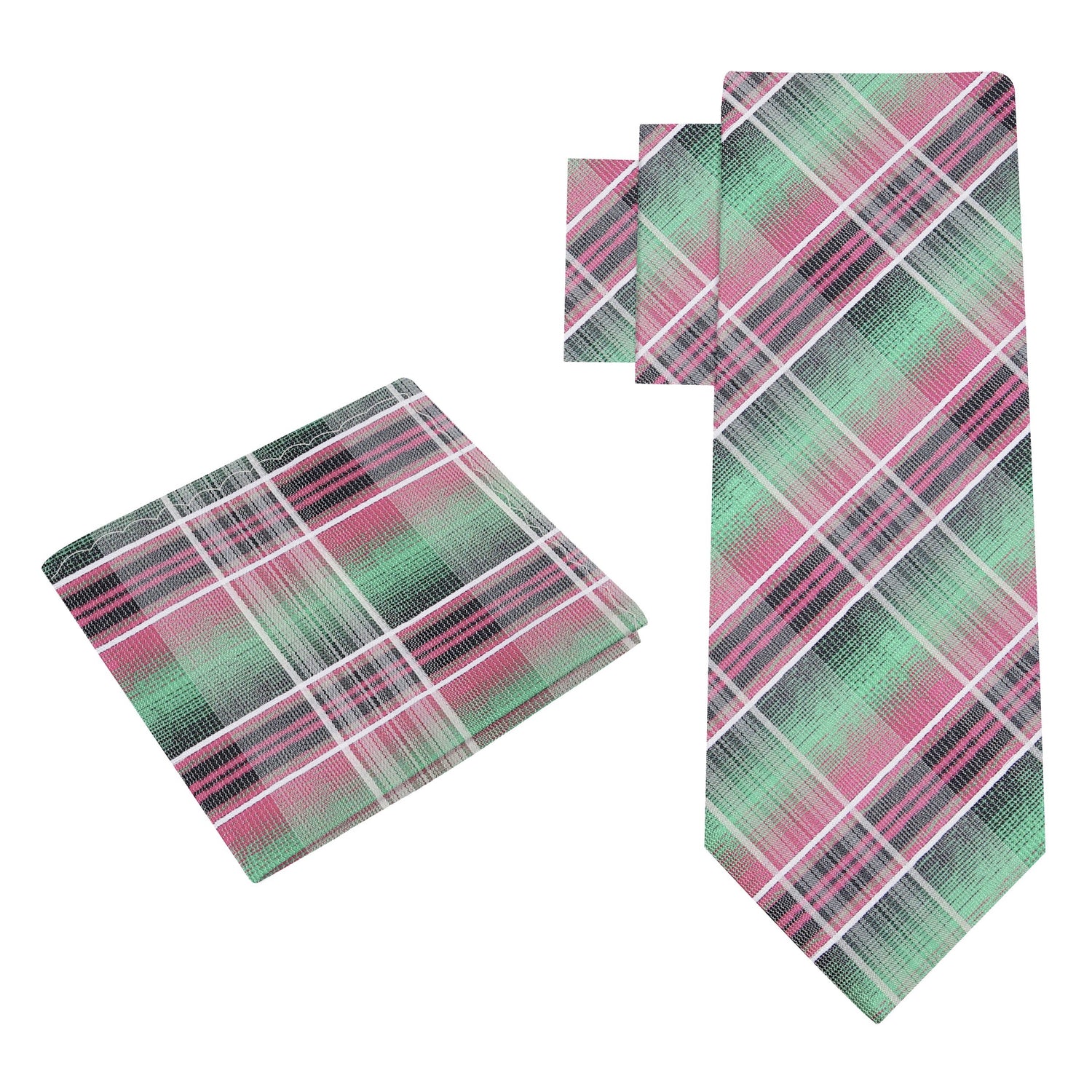 Alt View: Green, Pink and White Plaid Necktie and Matching Square