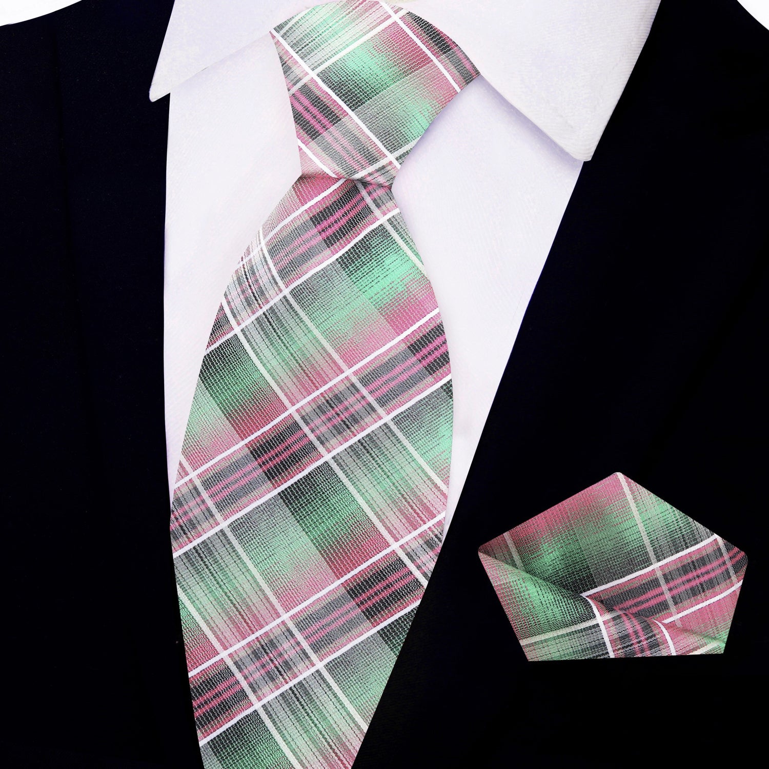 View 2:  Green, Pink and White Plaid Necktie and Matching Square