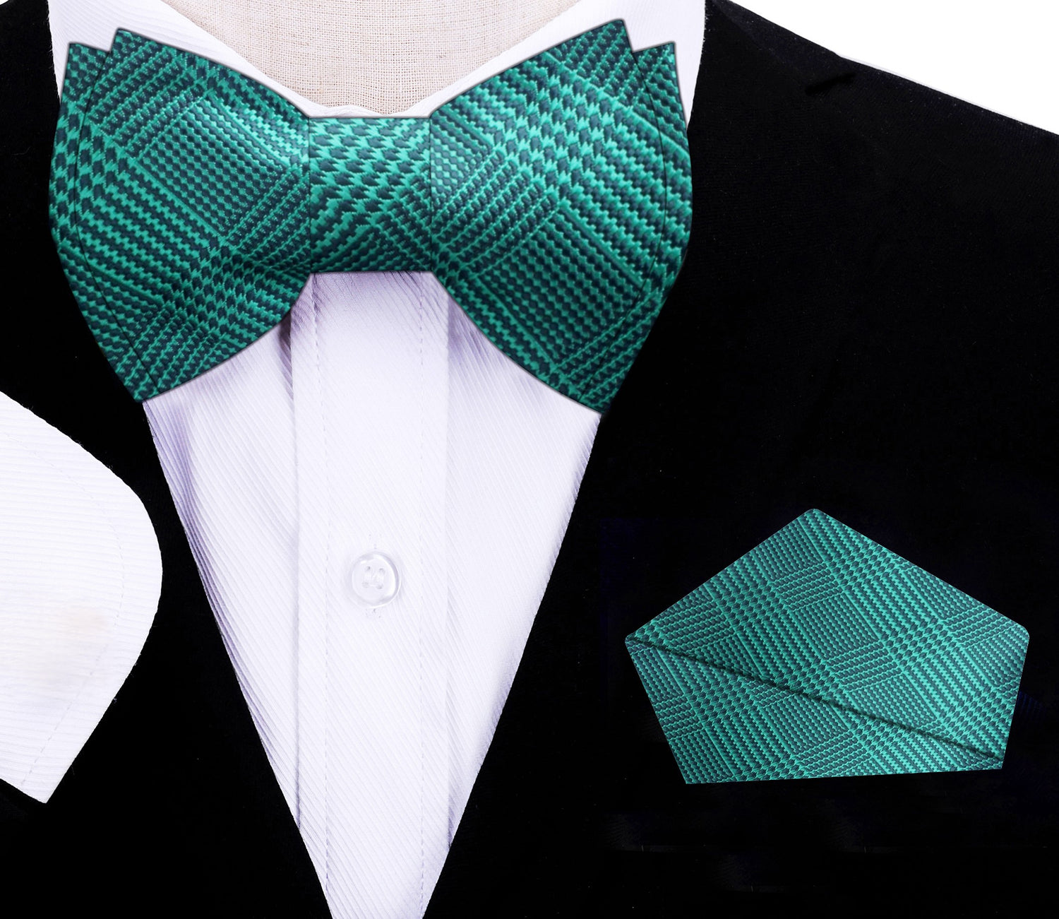 Green Plaid Self Tie Bow Tie and Matching Pocket Square On Suit