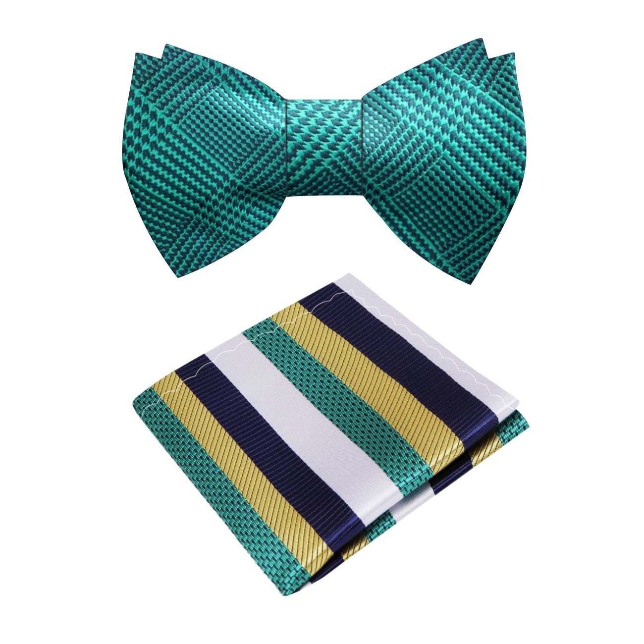 Green Plaid Self Tie Bow Tie and Accenting Green, Blue, White and Gold Stripe Pocket Square 