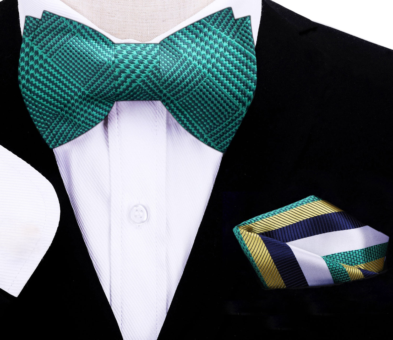 Green Plaid Self Tie Bow Tie and Accenting Green, Blue, White and Gold Stripe Pocket Square On Suit