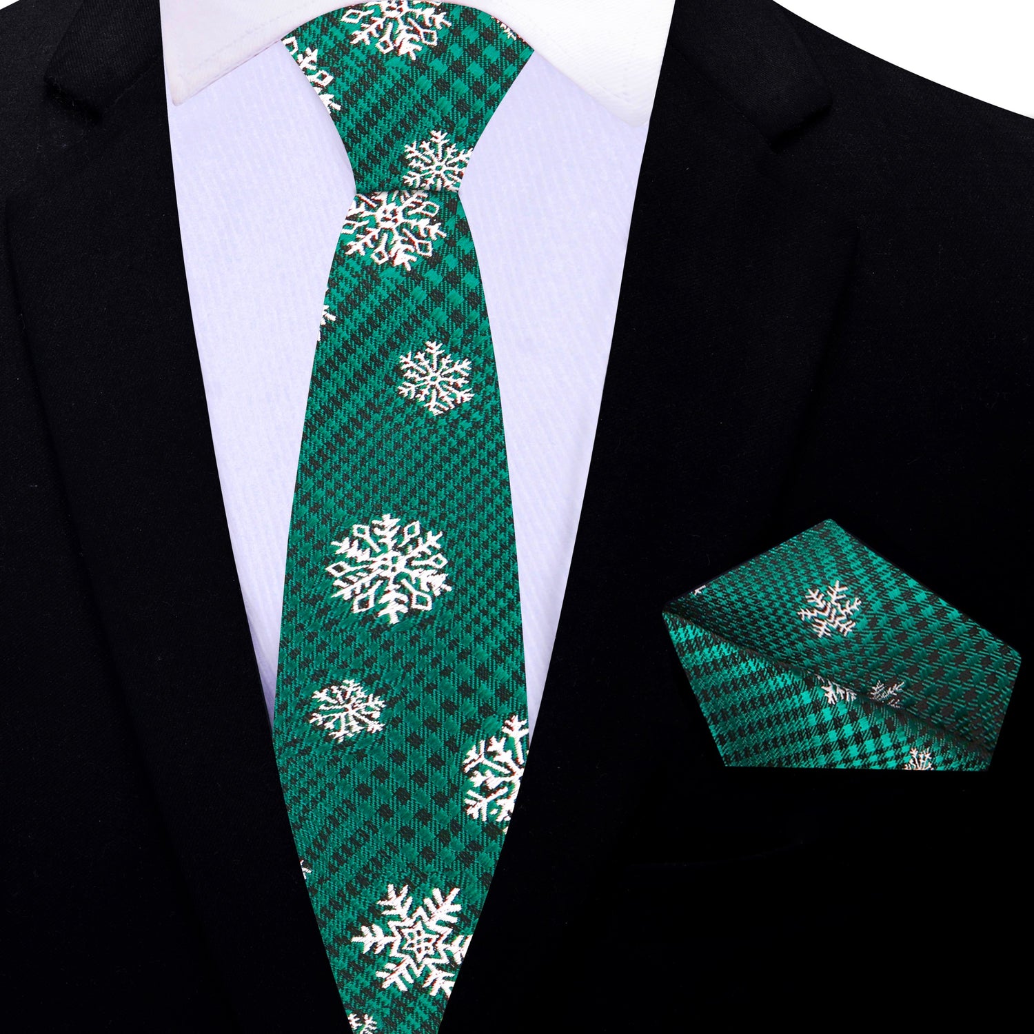 Thin Tie: Green White Snowflake Tie and Pocket Square