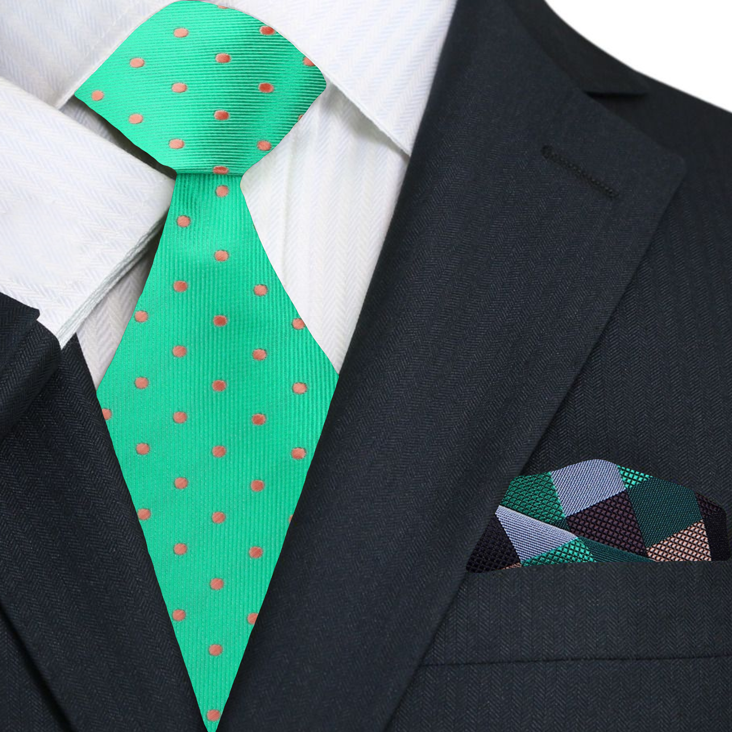 Premium Green, Brown Polka Tie and Accenting Check Square