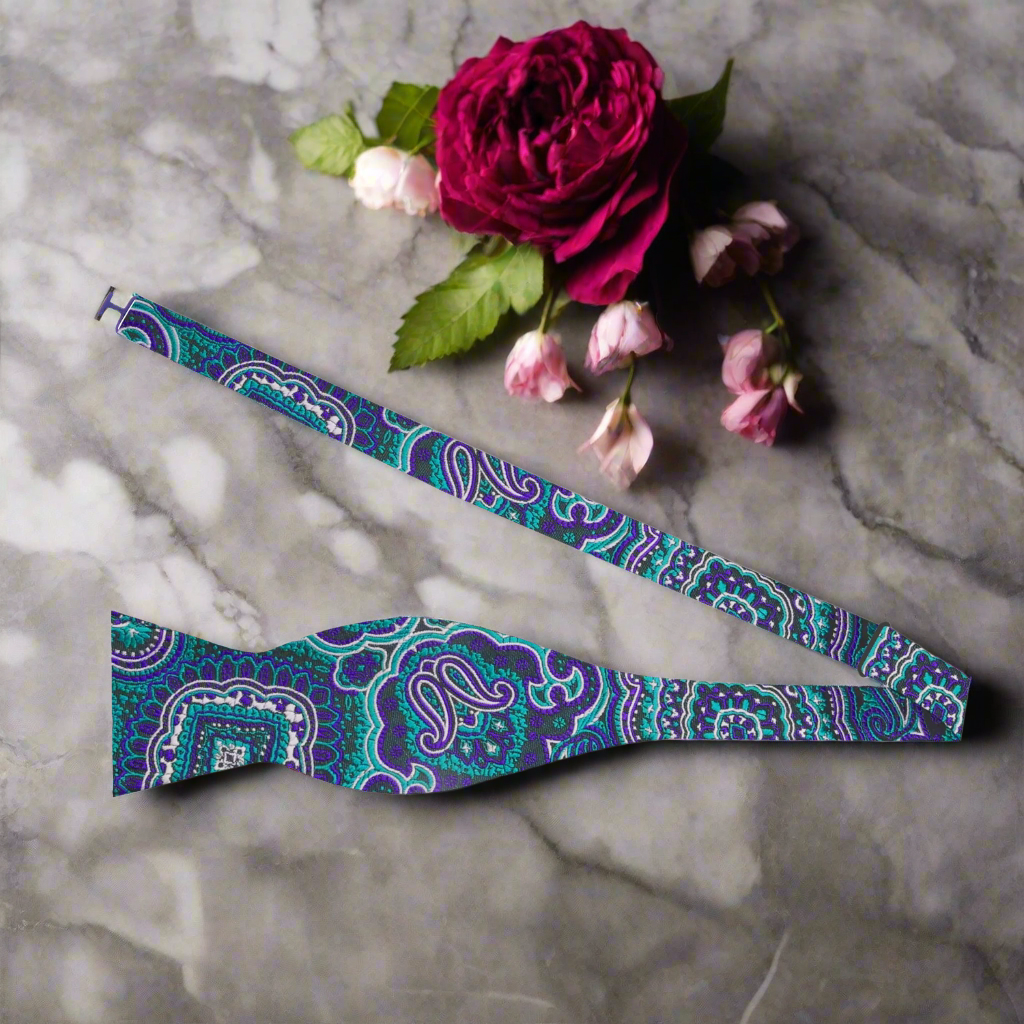 Green Purple Black Paisley Bow Tie Self Tie