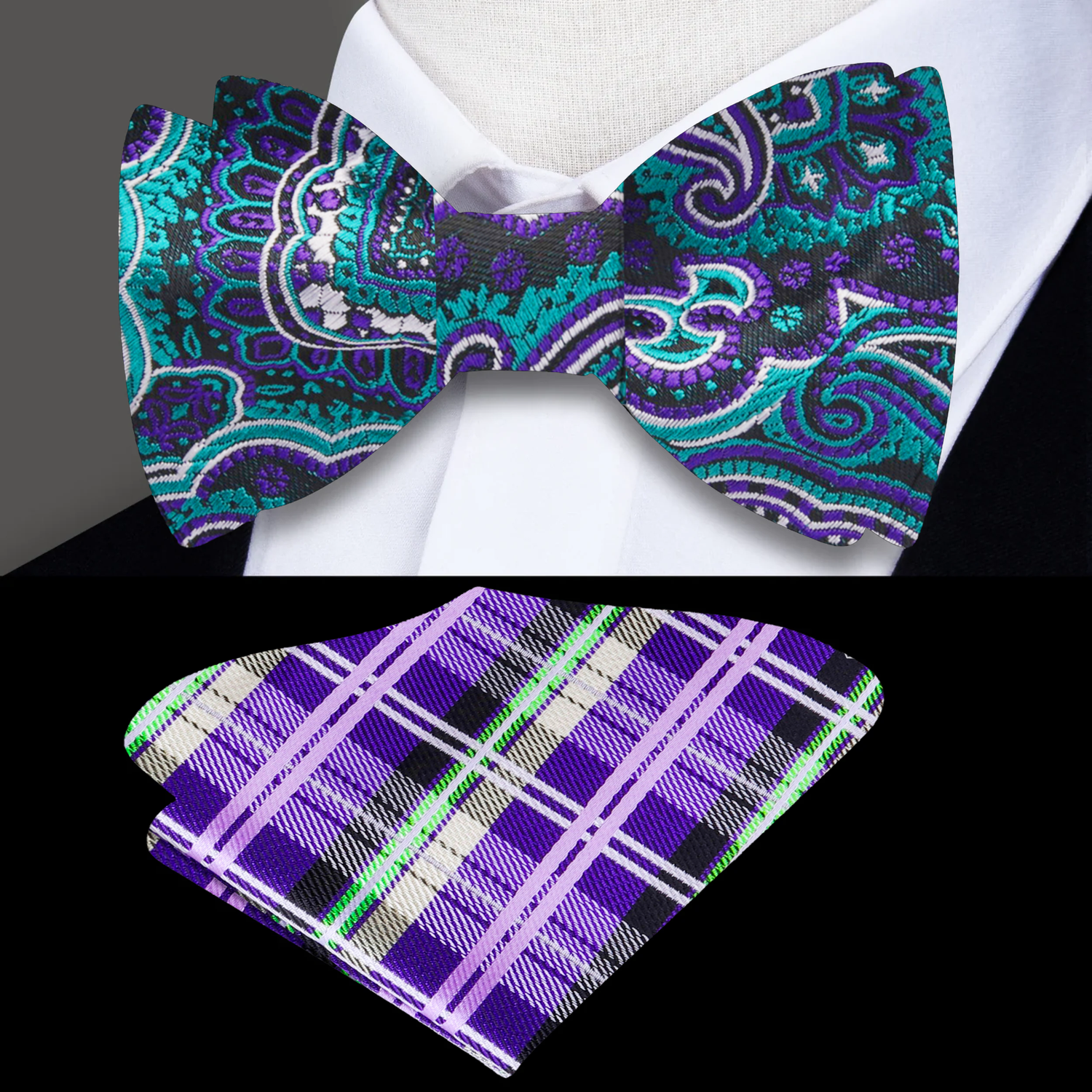 Green Purple Black Paisley Bow Tie and Accenting Square