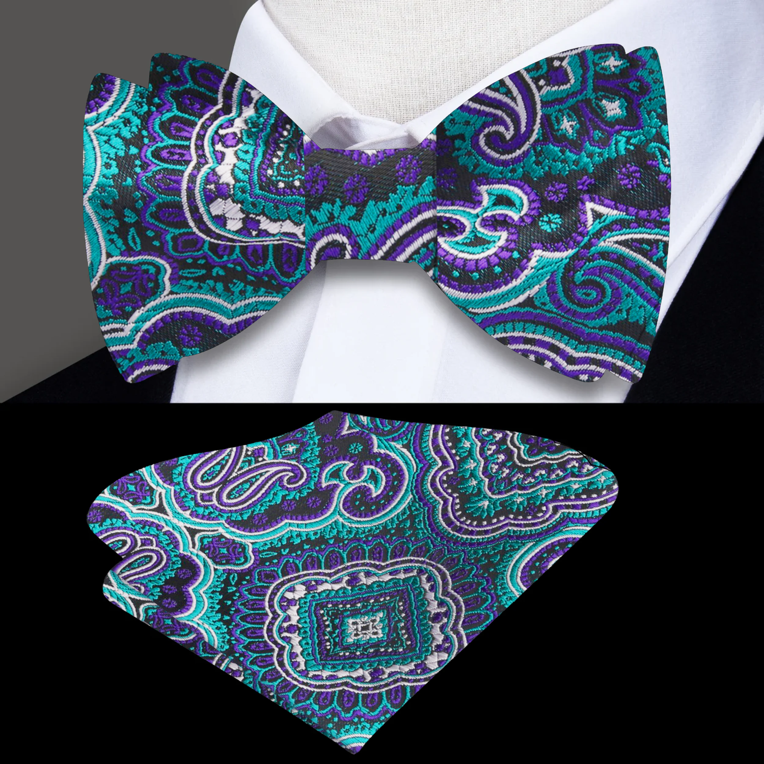 Green Purple Black Paisley Bow Tie and Matching Square