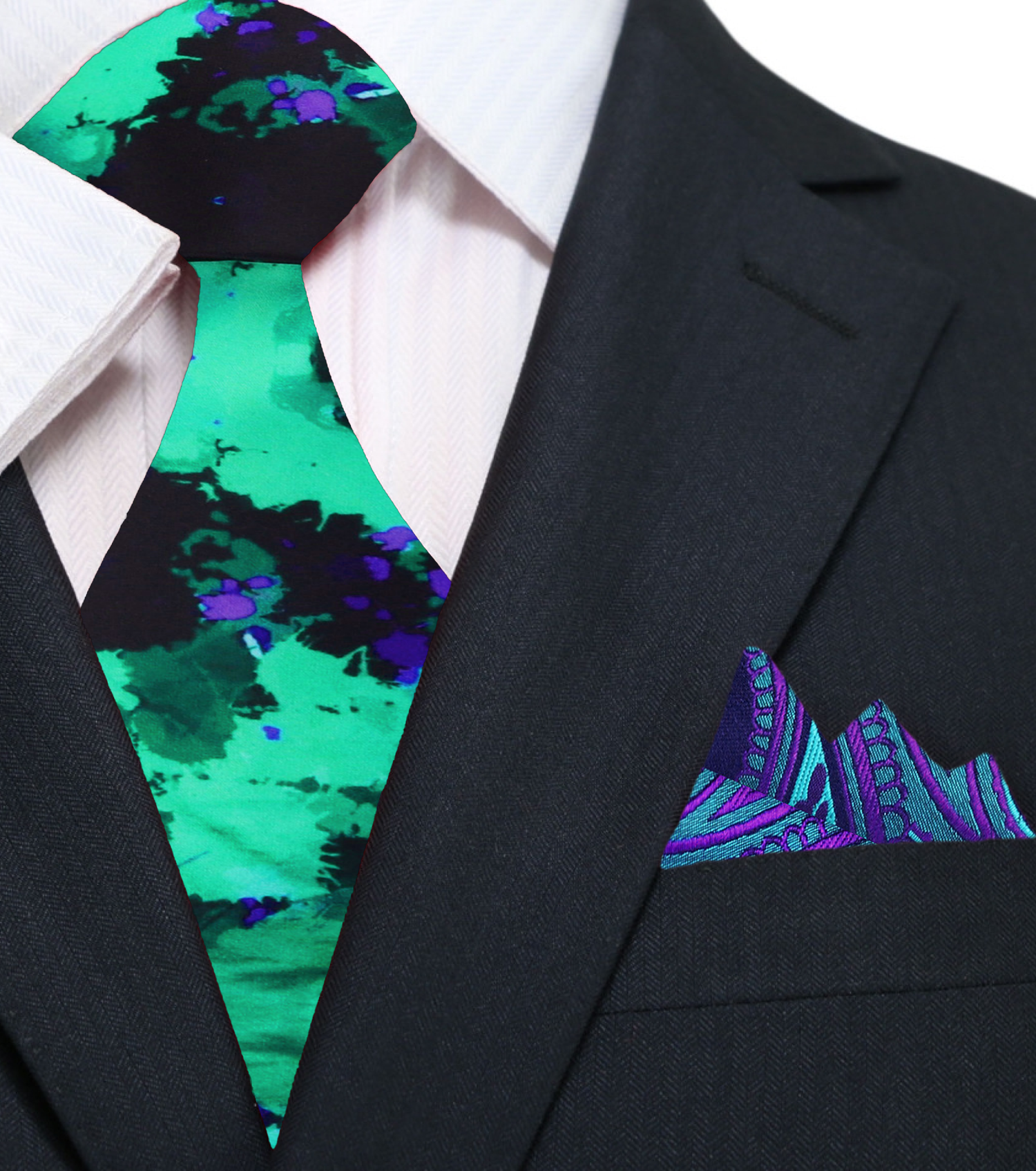 Green Purple Ink Blot Necktie and Cross Wind Paisley Square