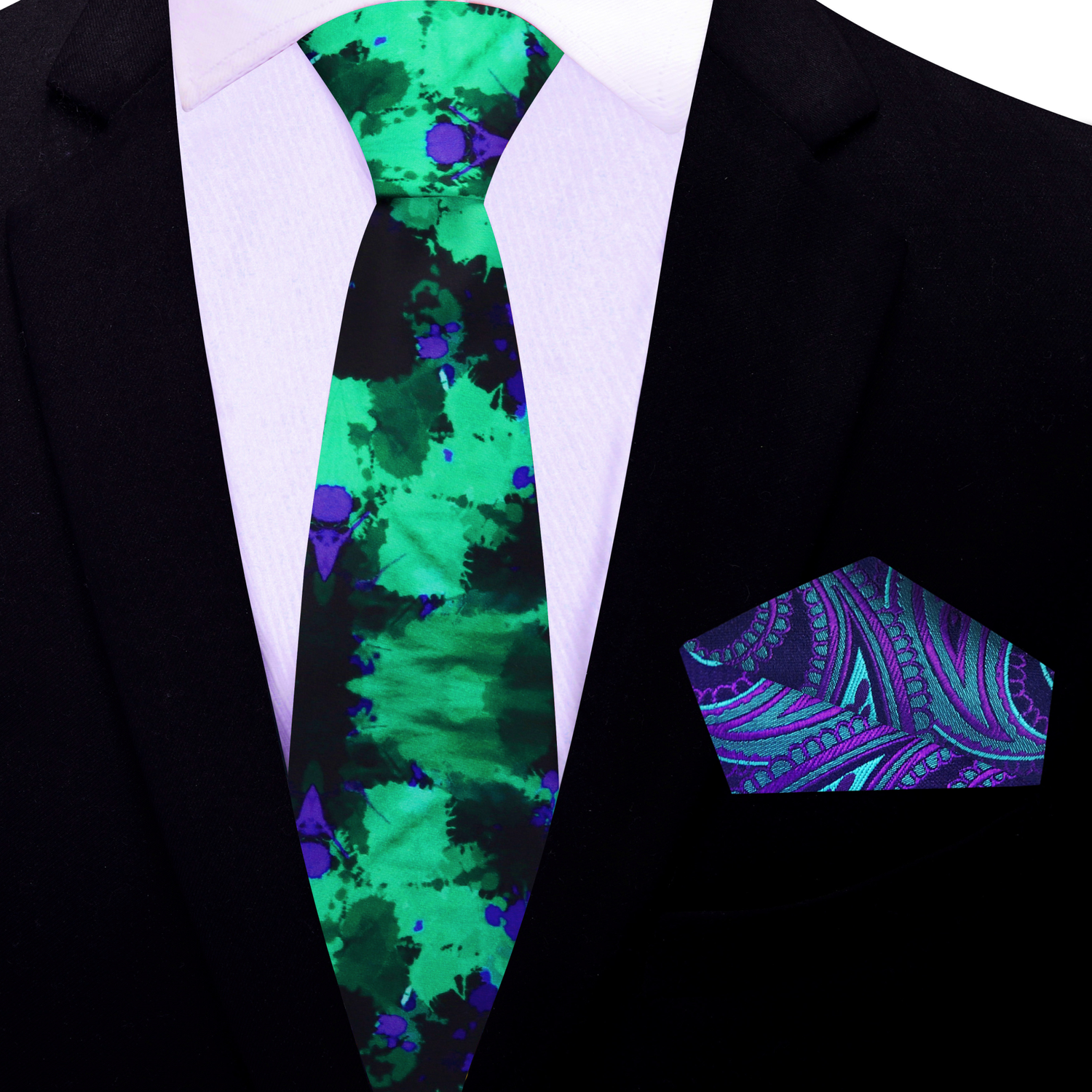 Thin: Green Purple Ink Blot Necktie and Cross Wind Paisley Square