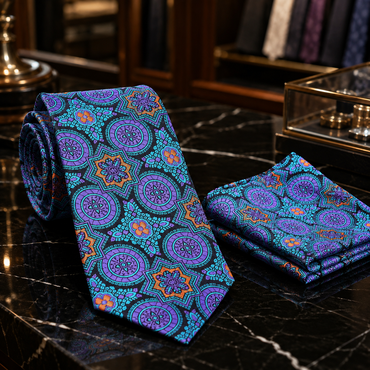 A patterned necktie and matching pocket square displayed on a black marble surface in a luxury retail setting. The fabric features an intricate geometric and medallion design in turquoise, purple, blue, and orange.