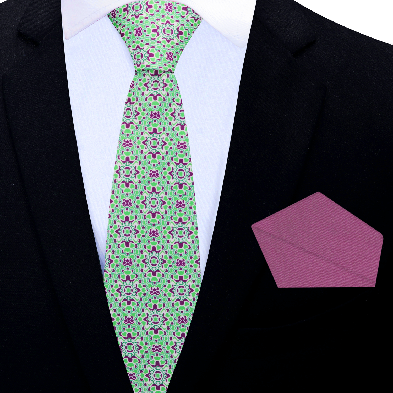 Thin: Green, White, Wine Mosaic Abstract Necktie and Wine Square