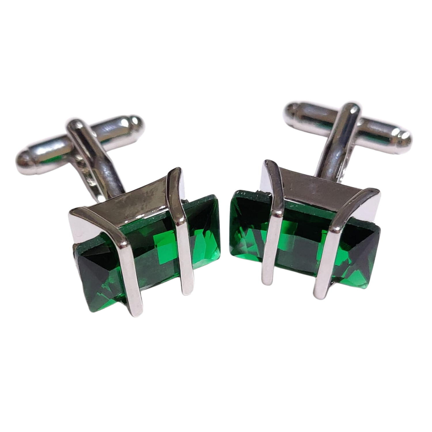 Chrome with Green Rectangle Stones Cufflinks