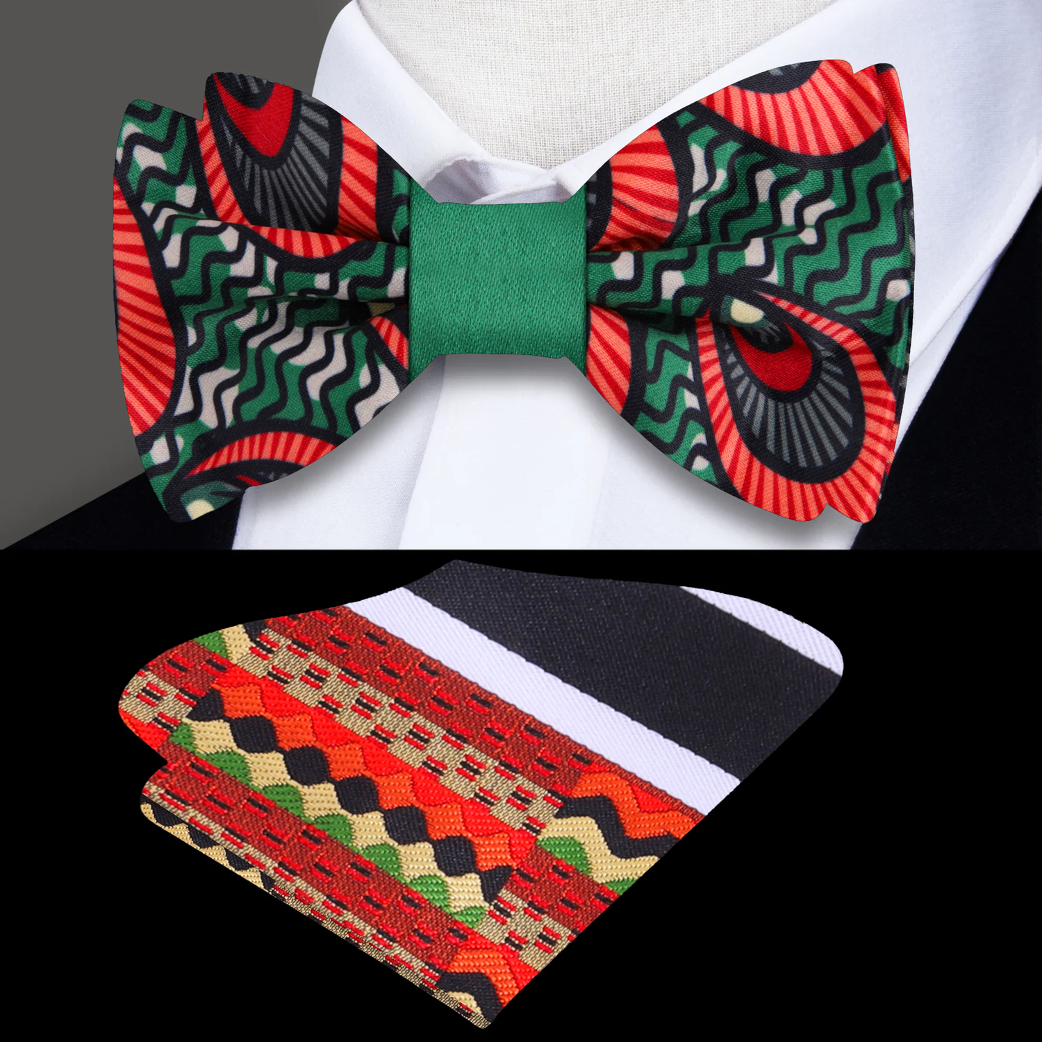 Green Red Black Abstract Akau Bow Tie and Abstract Square