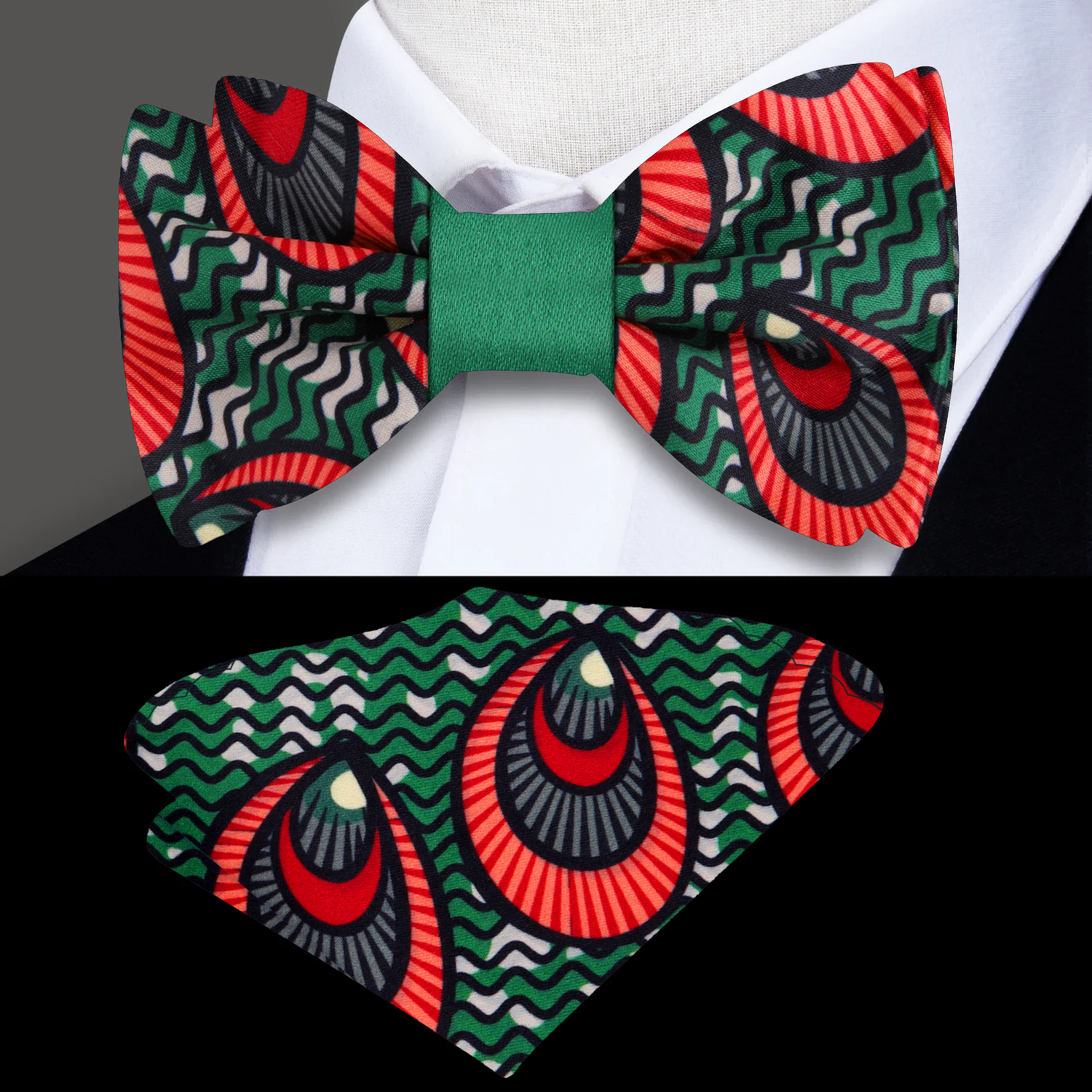 Green Red Black Abstract Akau Bow Tie and Square