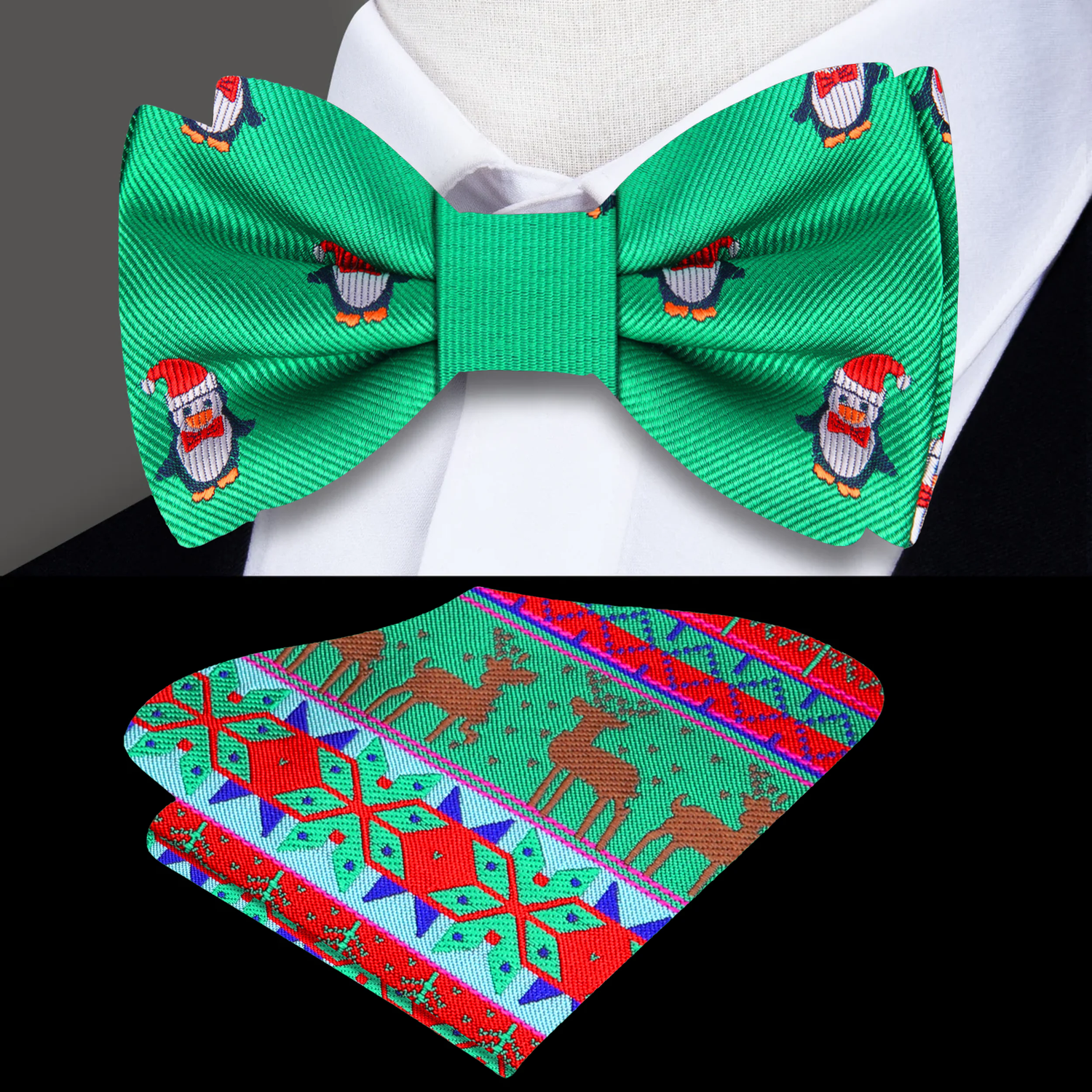 Green and Red Christmas Penguins Bow Tie and Accenting Pocket Square