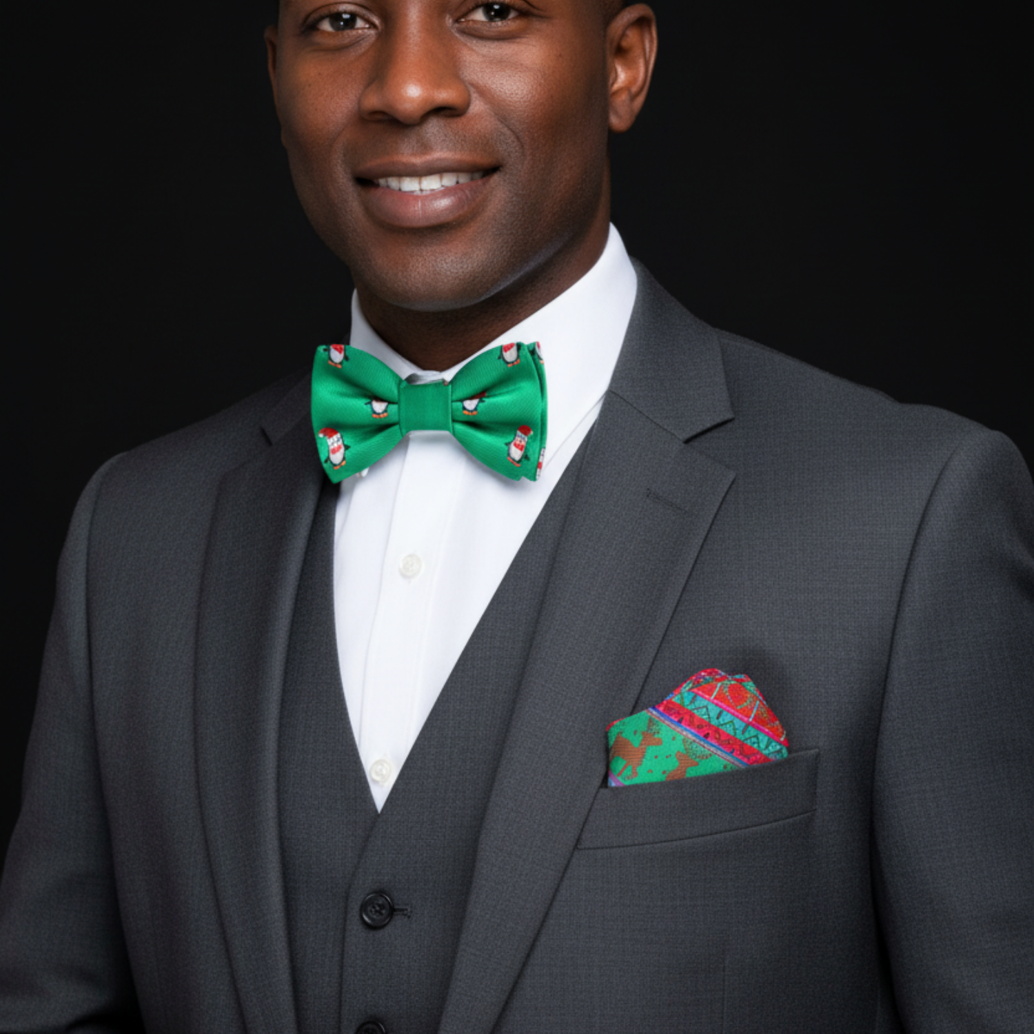 Man wearing a gray suit with a green bow tie and colorful pocket square on a black background