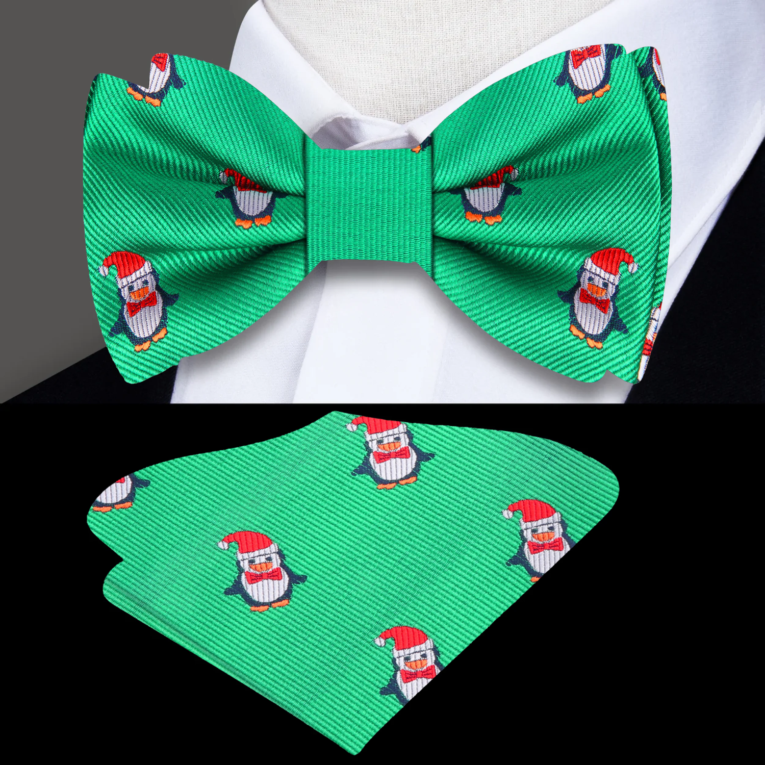 Green and Red Christmas Penguins Bow Tie and Pocket Square