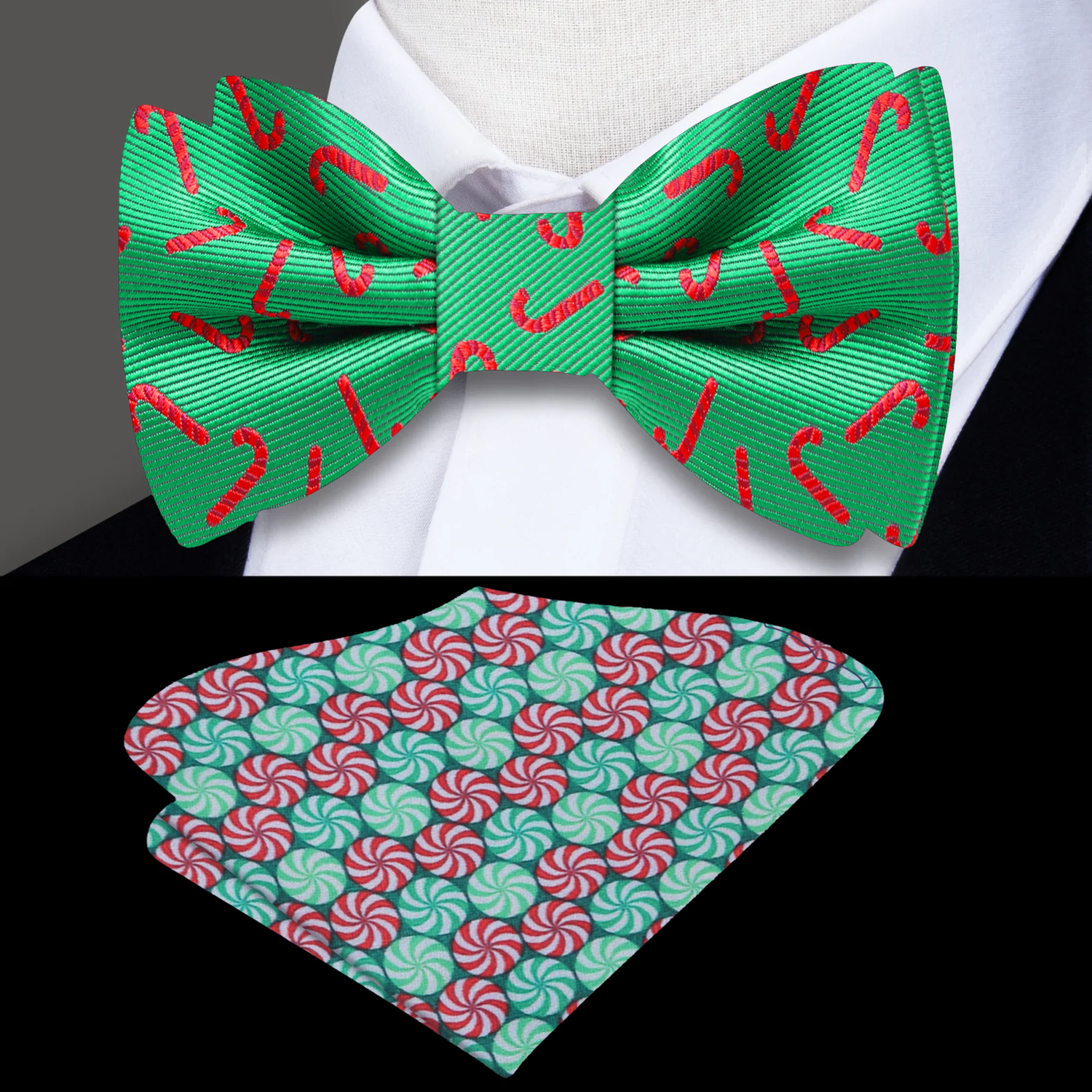 Green Silk with Red Candy Cane Bow Tie and Accenting pocket Square