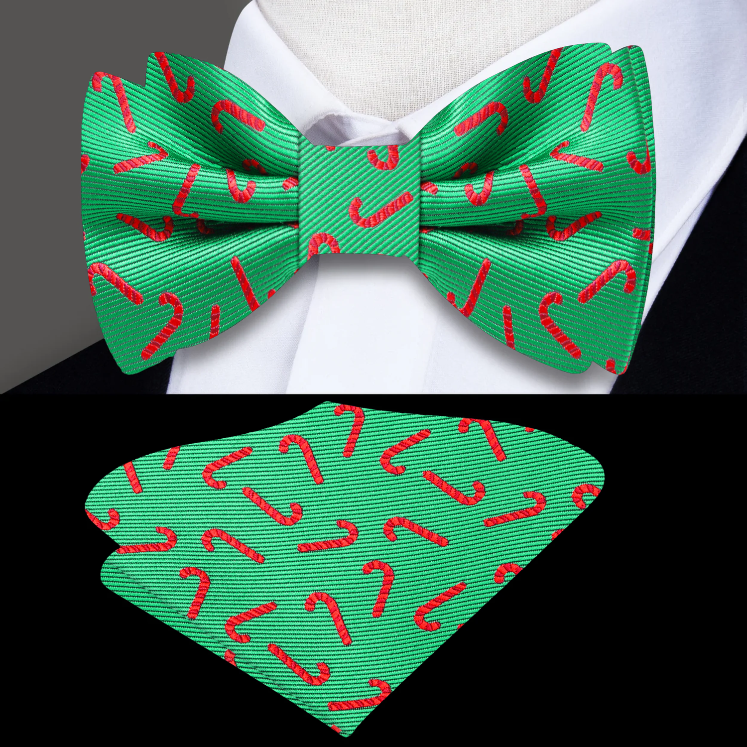 Green Silk with Red Candy Cane Bow Tie and pocket Square