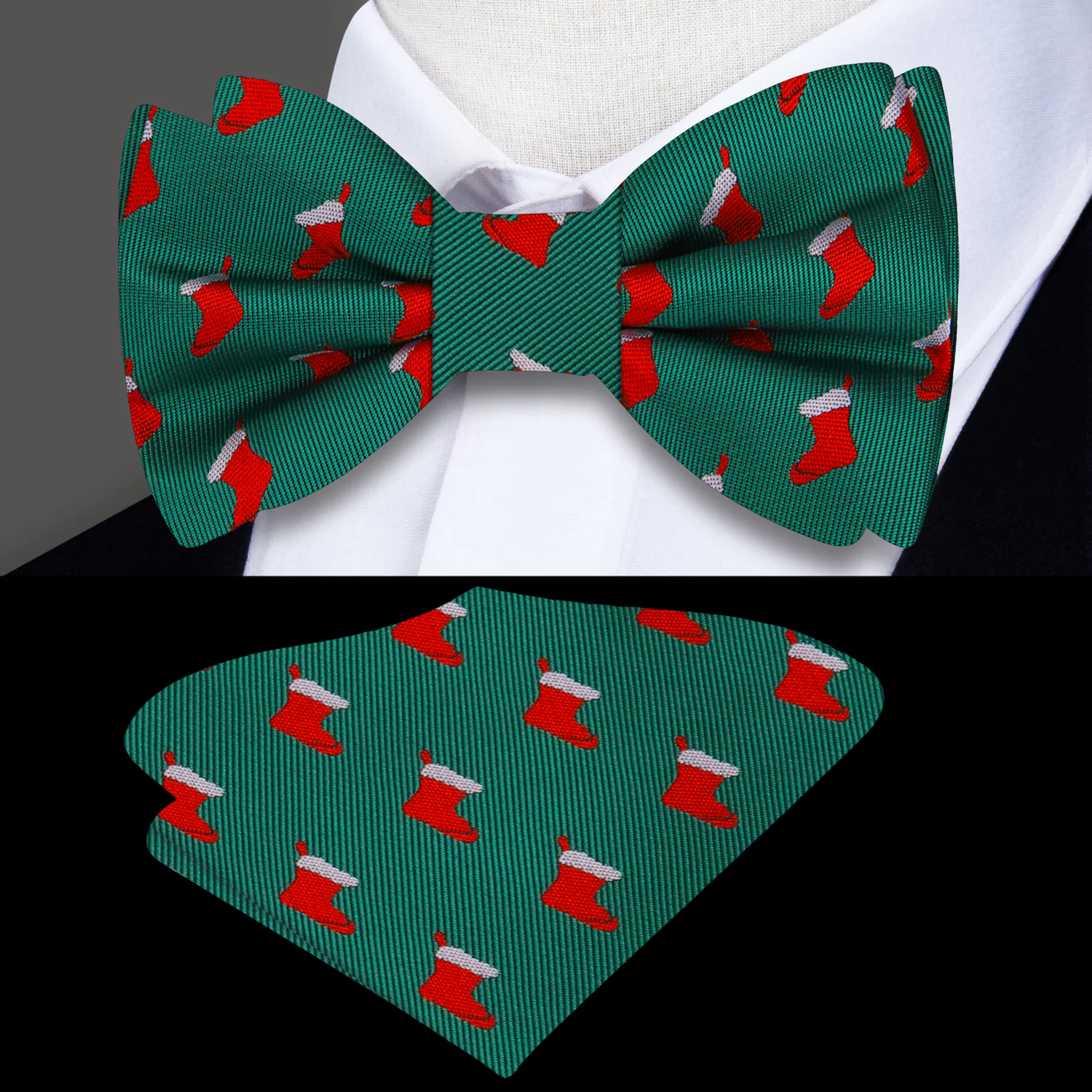 Green, Red Stockings Bow Tie and Square||Green